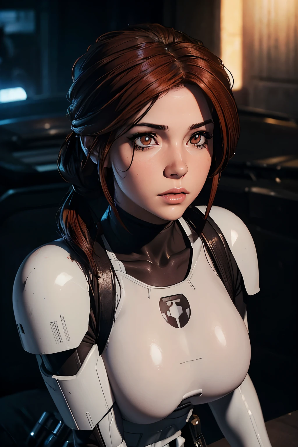 solo, better eyes, (latina), better skin, better face, (small-medium breasts:0.8), ((Stormtrooper Armor:1.0)), a young woman in stormtrooper armor, (monochrome image with accent color), ((solo)), ((masterpiece)),((high resolution)),((best quality)), extremely fine and beautiful, super fine illustration, (insanely detailed anime eyes), vivid and beautiful, shocking sensation, incredibly detailed, photorealistic, (realistic skin), (insanely detailed anime eyes), (plump luscious lips), realistic eyes, professional, realistic face, Cyberpunk character concept art, movie lighting, weighted shadows, ((very long weighted red-auburn hair tied up)), long hair, beautiful detailed girl, upper body view, facing at viewer, (brown eyes:1.2)), movie lighting, perfect shadow, realistic lighting shaded