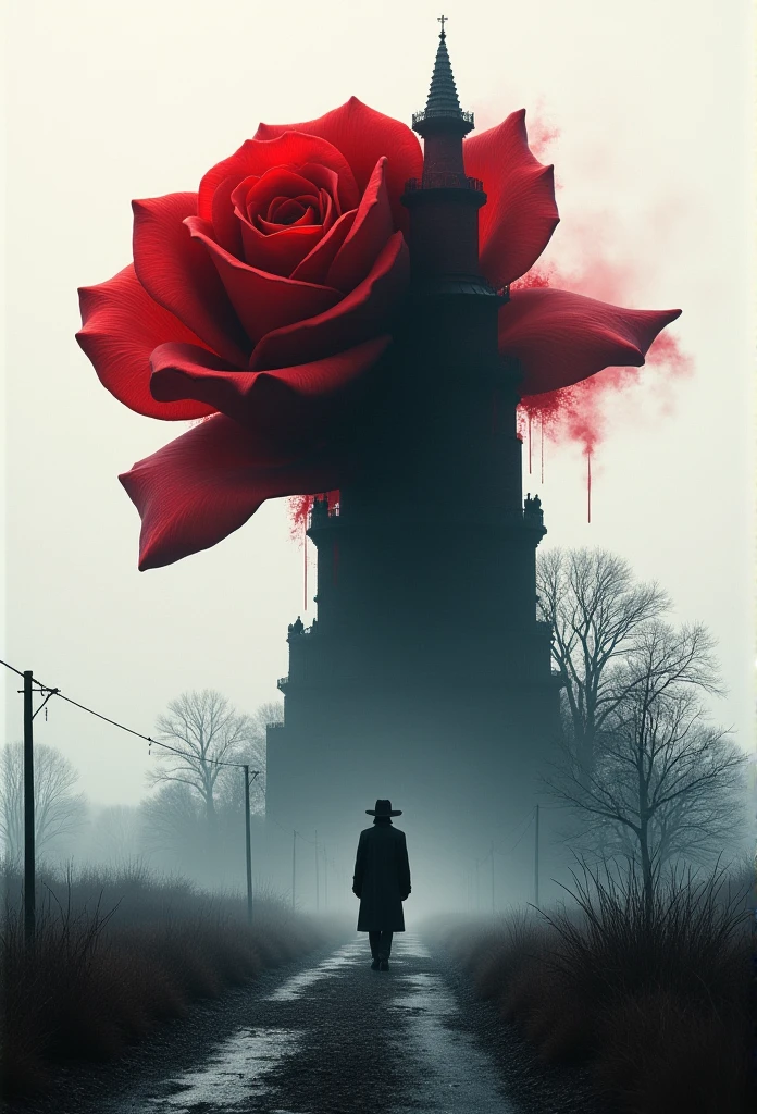  Hyperrealistic digital painting An ideal double exposure .  is a large transparent silhouette of a black rose and garnet ,  in double exposure inside we see the silhouette that walks away of a cowboy wearing a raincoat walking down the road to a huge and strange dark tower against the background of a gloomy post-apocalyptic landscape.. Saturated dark colors . ethereal atmosphere,  octane render ,  Ultra High Definition Briefs ,   bright colors  ,  intricate details ,  perfect composition,  soft and natural lighting ,  resolution 8k,  capturing the essence of a dark fantasy kingdom .  creating a shocking surrealistic composition ,  digital work of art showing ultra-detailed textures , pure perfection.  High resolution, De alta calidad