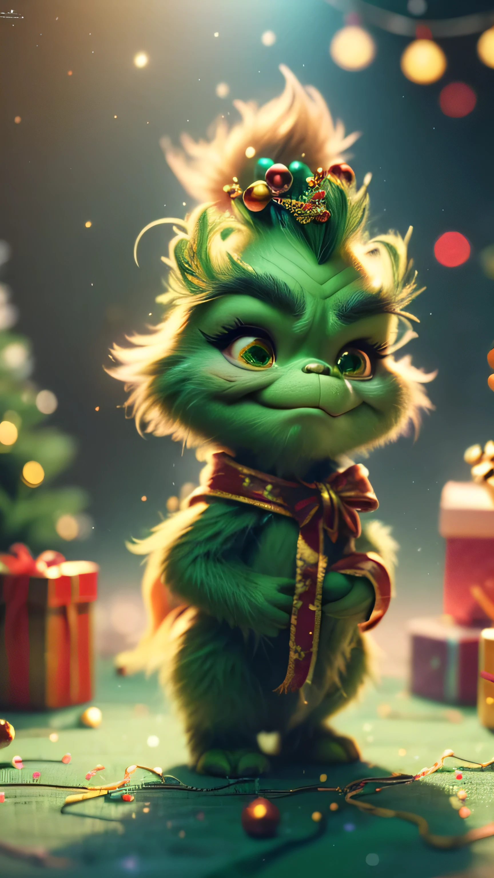 (Full Body) A handsome, charming Grinch. The entire scene is bathed in a soft, ethereal light, enhancing the magical and fantastical quality of the image. The Grinch should appear as a seamless part of the landscape, blending perfectly with the environment, yet maintaining distinct, realistic features that highlight his cuteness and charm. Hyperrealistic, Art Splashes, Concept Art, Medium Shot, Intricate Detail, Color Depth, Vibrant Colors, Dramatic, 2/3 Angle, Side Light, Colorful Background. Christmas Lights in the Background and a Christmas Tree. Christmas theme, blurred background, fantasy, Gouves style artwork, realism: 1.37, (super fine fantasy art), masterpiece, high quality design & accurate physics (super accurate fantasy style)) art, dark fantasy style)), super accurate design & accurate physics), color, depth of field, shadows, ray tracing, (accurate simulation of the interaction of light and materials)], intricate Christmas decorations, glowing garlands, sparkling decorations, natural light, soft background, photorealistic, sparkling eyes, sharp focus, glowing skin, cute and naughty look, hint of mischief, dreamy atmosphere, super glossy effect, fine details, soft ambient light, (Backlight: 1.3), (Cinematic: 1.2), intricate details, (ArtStation: 1.3)