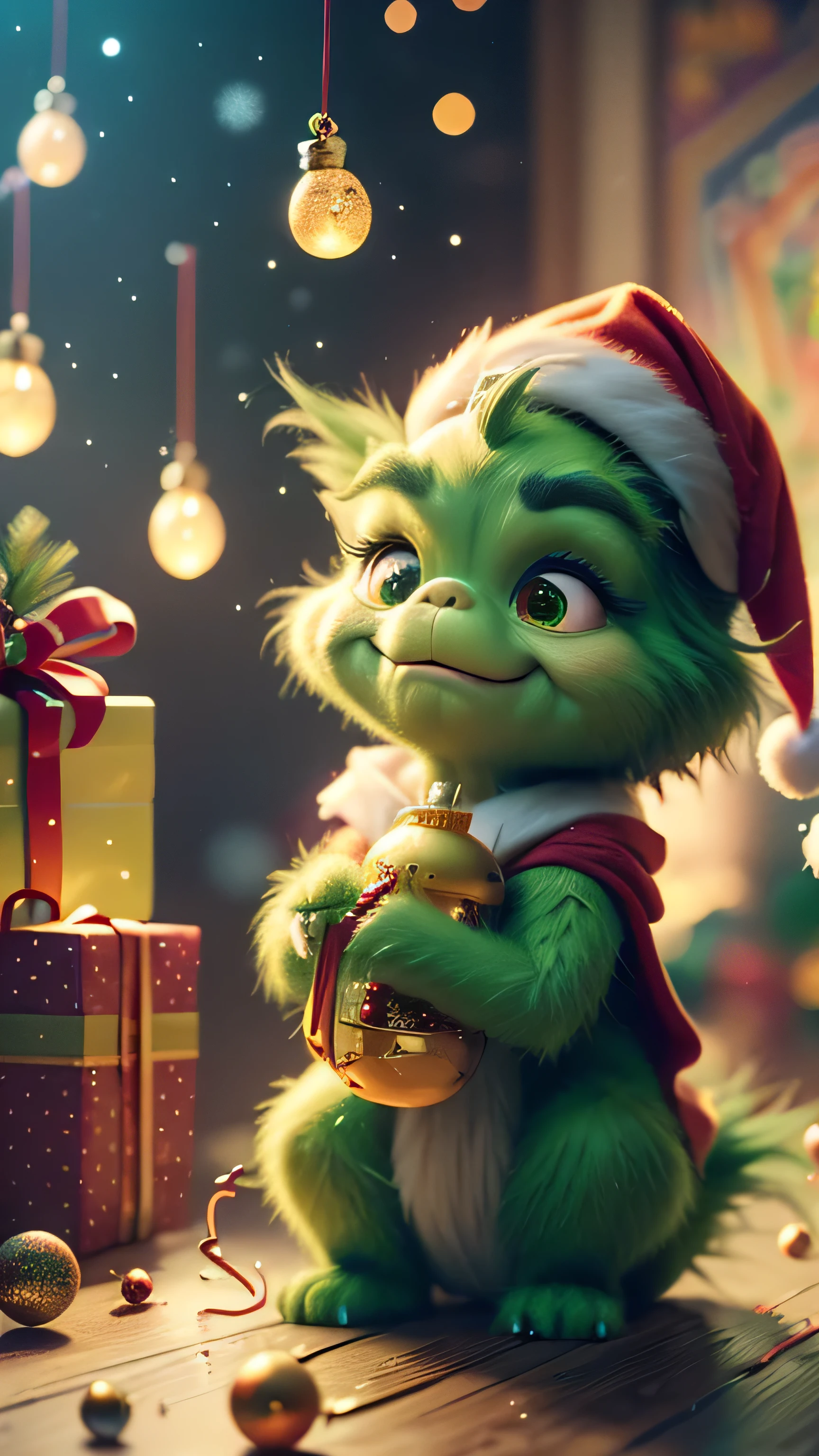 (Full Body) A handsome, charming Grinch. The entire scene is bathed in a soft, ethereal light, enhancing the magical and fantastical quality of the image. The Grinch should appear as a seamless part of the landscape, blending perfectly with the environment, yet maintaining distinct, realistic features that highlight his cuteness and charm. Hyperrealistic, Art Splashes, Concept Art, Medium Shot, Intricate Detail, Color Depth, Vibrant Colors, Dramatic, 2/3 Angle, Side Light, Colorful Background. Christmas Lights in the Background and a Christmas Tree. Christmas theme, blurred background, fantasy, Gouves style artwork, realism: 1.37, (super fine fantasy art), masterpiece, high quality design & accurate physics (super accurate fantasy style)) art, dark fantasy style)), super accurate design & accurate physics), color, depth of field, shadows, ray tracing, (accurate simulation of the interaction of light and materials)], intricate Christmas decorations, glowing garlands, sparkling decorations, natural light, soft background, photorealistic, sparkling eyes, sharp focus, glowing skin, cute and naughty look, hint of mischief, dreamy atmosphere, super glossy effect, fine details, soft ambient light, (Backlight: 1.3), (Cinematic: 1.2), intricate details, (ArtStation: 1.3)