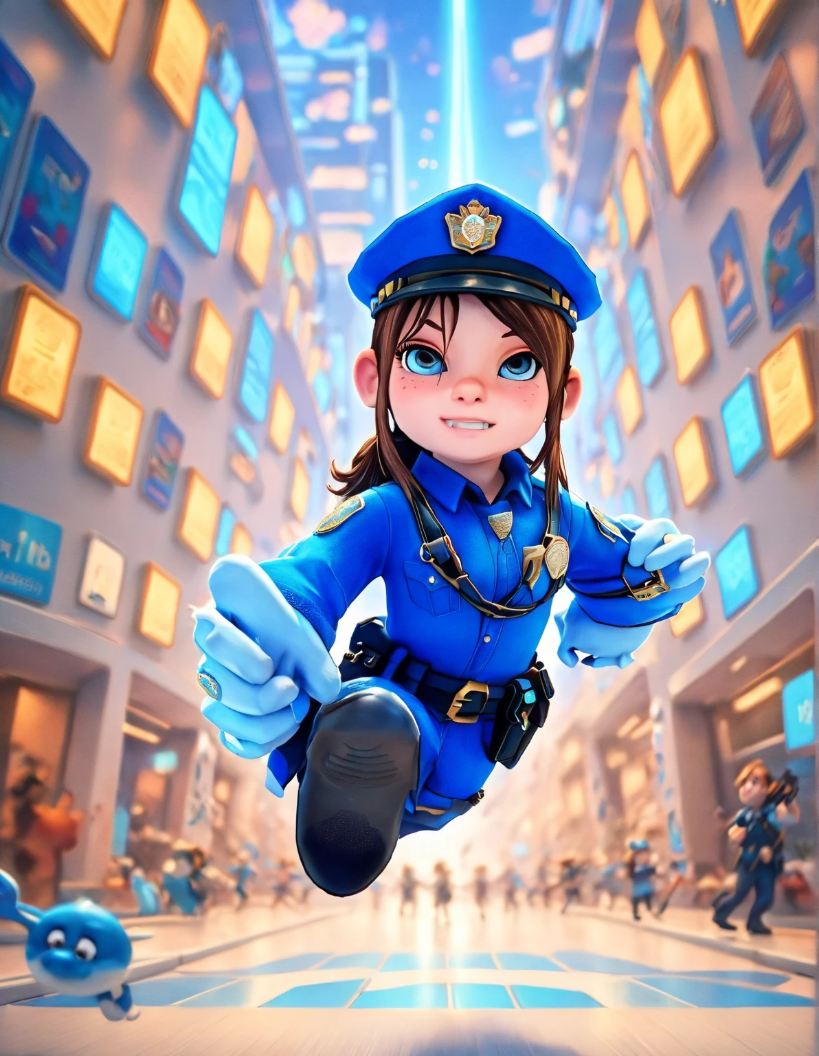 Photo ID of a female cop wearing blue clothes with a white background like a Disney drawing