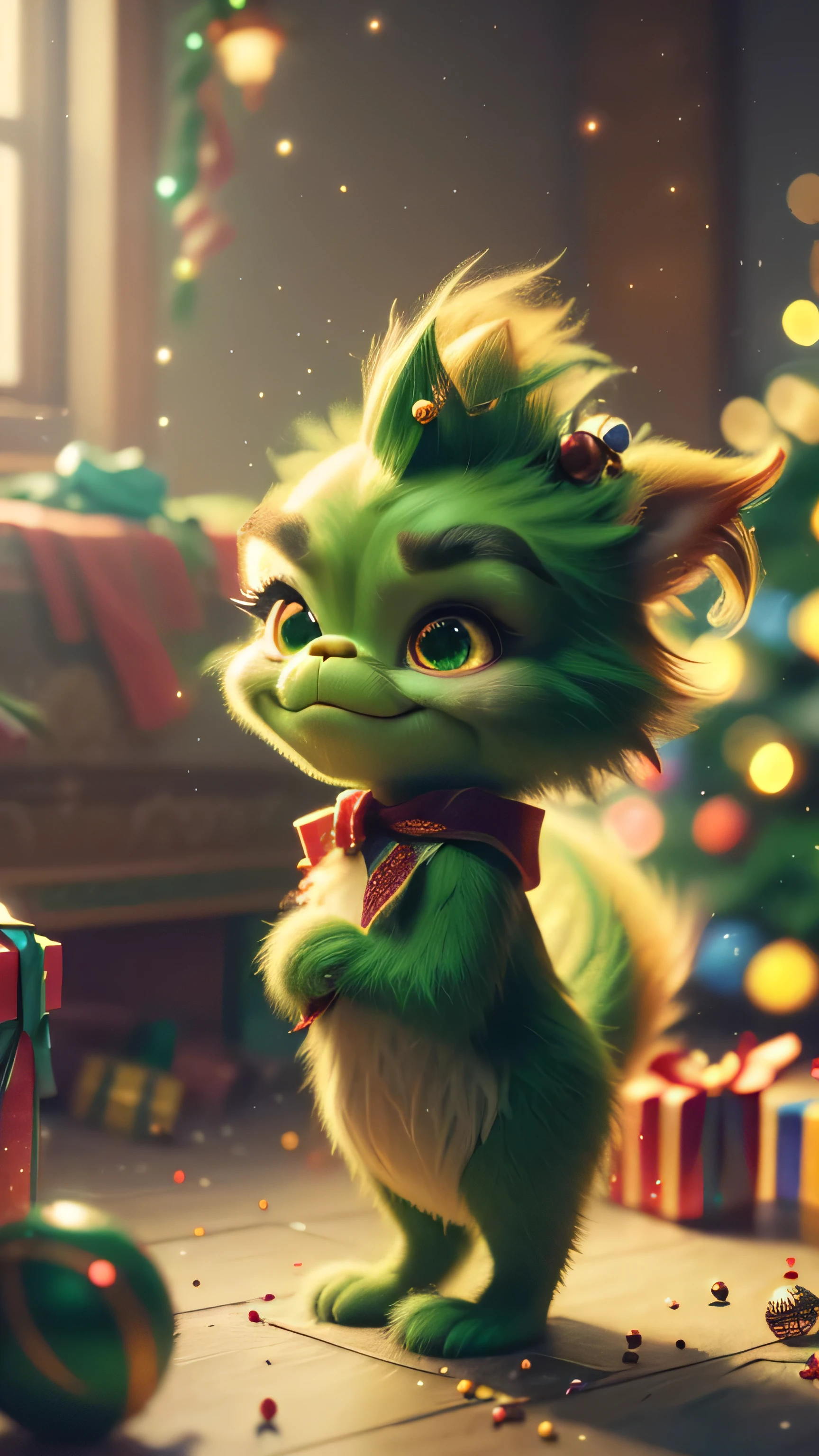 (Full Body), (facing the viewer) A handsome, charming Grinch. The entire scene is bathed in a soft, ethereal light, enhancing the magical and fantastical quality of the image. The Grinch should appear as a seamless part of the landscape, blending perfectly with the environment, yet maintaining distinct, realistic features that highlight his cuteness and charm. Hyperrealistic, Art Splashes, Concept Art, Medium Shot, Intricate Detail, Color Depth, Vibrant Colors, Dramatic, 2/3 Angle, Side Light, Colorful Background. Christmas Lights in the Background and a Christmas Tree. Christmas theme, blurred background, fantasy, Gouves style artwork, realism: 1.37, (super fine fantasy art), masterpiece, high quality design & accurate physics (super accurate fantasy style)) art, dark fantasy style)), super accurate design & accurate physics), color, depth of field, shadows, ray tracing, (accurate simulation of the interaction of light and materials)], intricate Christmas decorations, glowing garlands, sparkling decorations, natural light, soft background, photorealistic, sparkling eyes, sharp focus, glowing skin, cute and naughty look, hint of mischief, dreamy atmosphere, super glossy effect, fine details, soft ambient light, (Backlight: 1.3), (Cinematic: 1.2), intricate details, (ArtStation: 1.3)