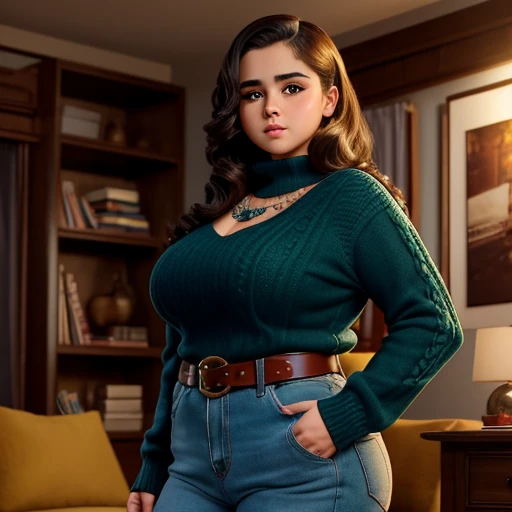 woman with an oval face with well short hair  curly , a mouth with small,fill lips , almond eyes, a slightly overweight body, wearing a blouse and jeans(northeastern cultural costumes from Brazil) e tenis. pixar, disney, 8k.
