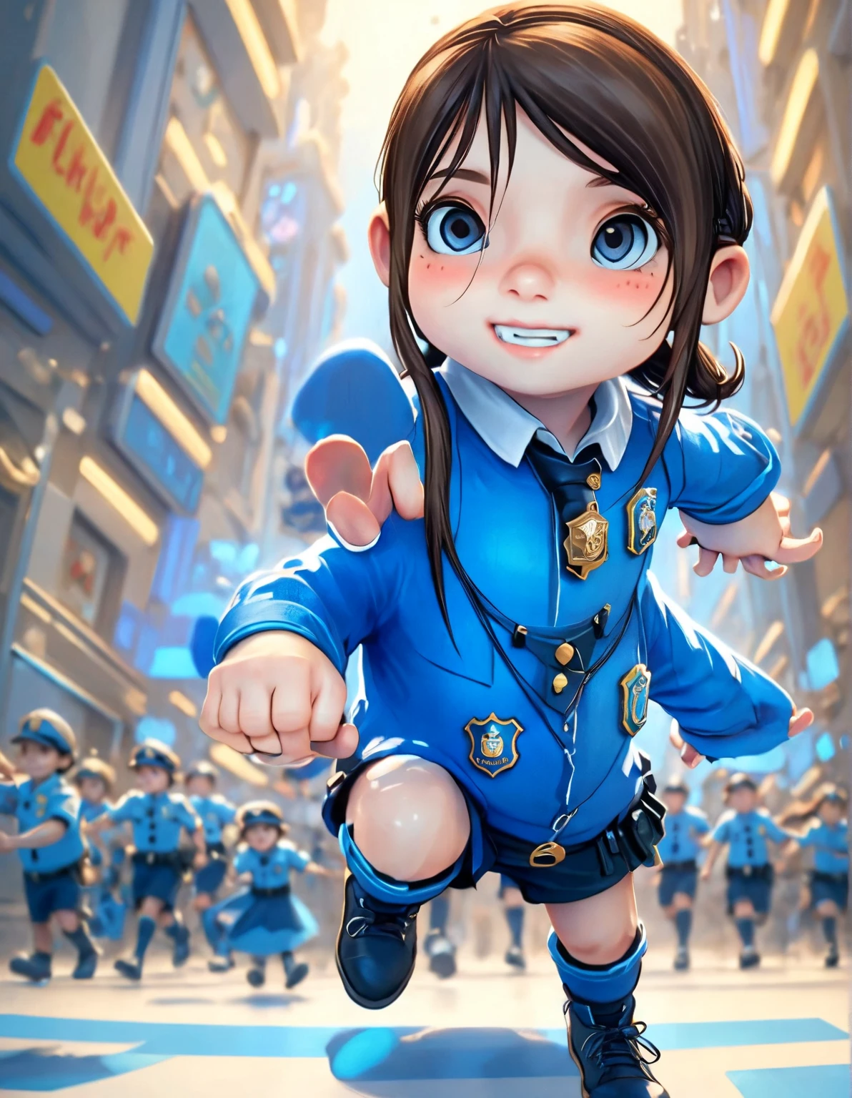 Police girl in blue clothes standing smiling with white background like Disney drawing