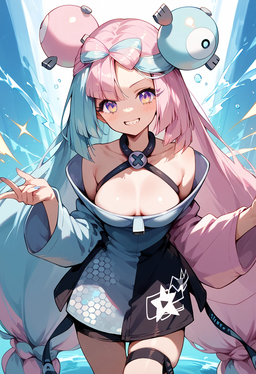 masterpiece, high definition , top quality,8k, one girl
(Iono, blue and pink Hair, purple Eyes, long hair)
(Pink chinnese dress)
smile,
