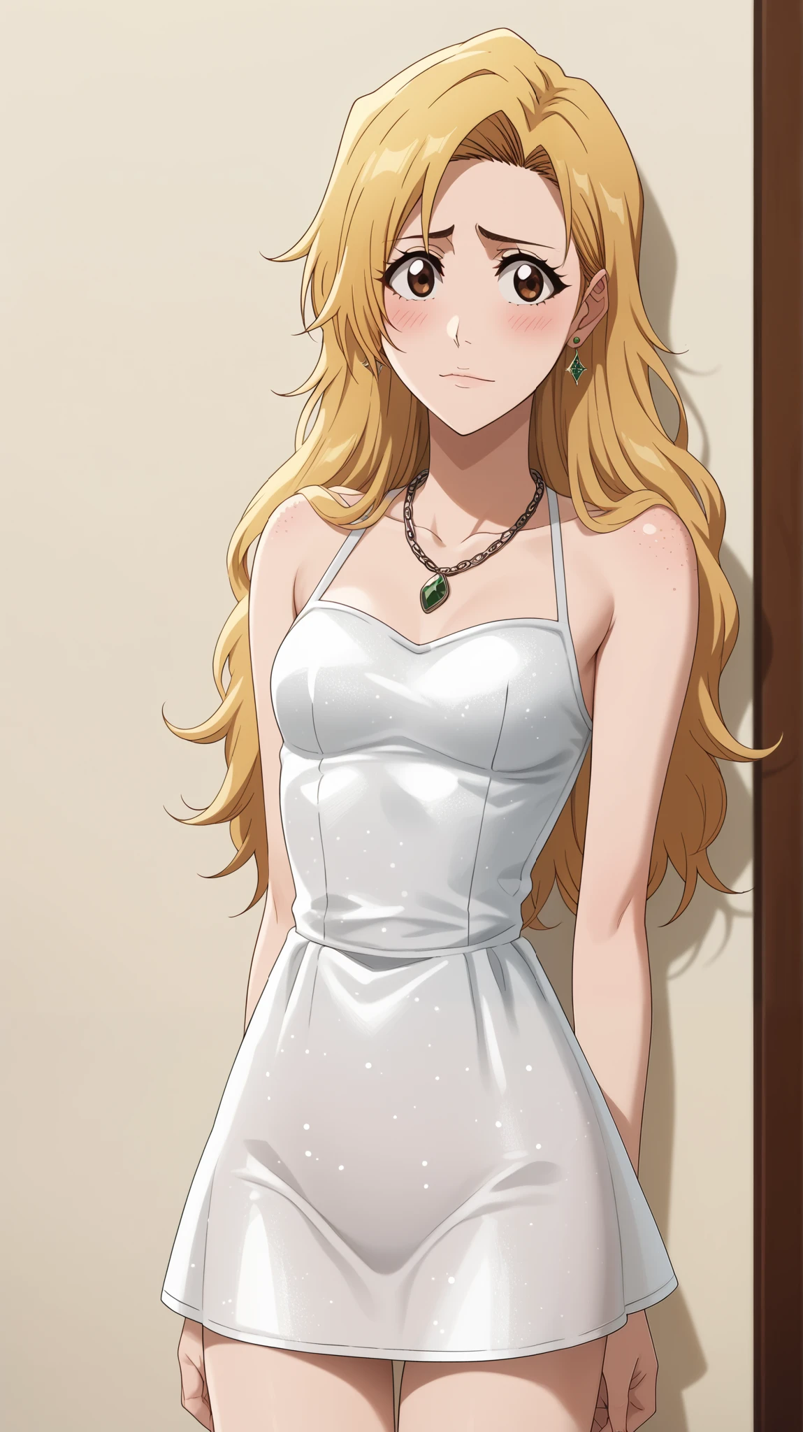   1 girl of fifteen years old  ,  young girl  , solo, anime pastor  "bleach".
Appearance:  brown eye  ,  long straight light yellow hair , ( long hair lies on shoulders , neck ), blush, blushed,  shy smile ,  closed mouth  ,  blond hair  , (( thin waist,  translucent short club dress with sparkling sequins)),  silver sequins , ((necklace with emeralds, emerald earrings )) glitter , glitter, ((short dress,  slender legs )), Sensual Makeover. (((background: evening, dark, soft warm light , backgroundари)). 