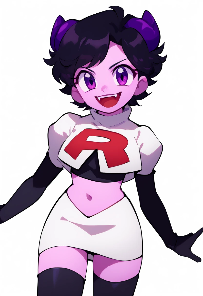 jellybean_yt, solo, looking at viewer, smile, short hair, open mouth, black hair, 1girl, white background, purple eyes, female focus, horns, teeth, colored skin, fangs, team rocket,team rocket uniform,white skirt,red letter R,crop top,black thigh-highs,black elbow gloves, source