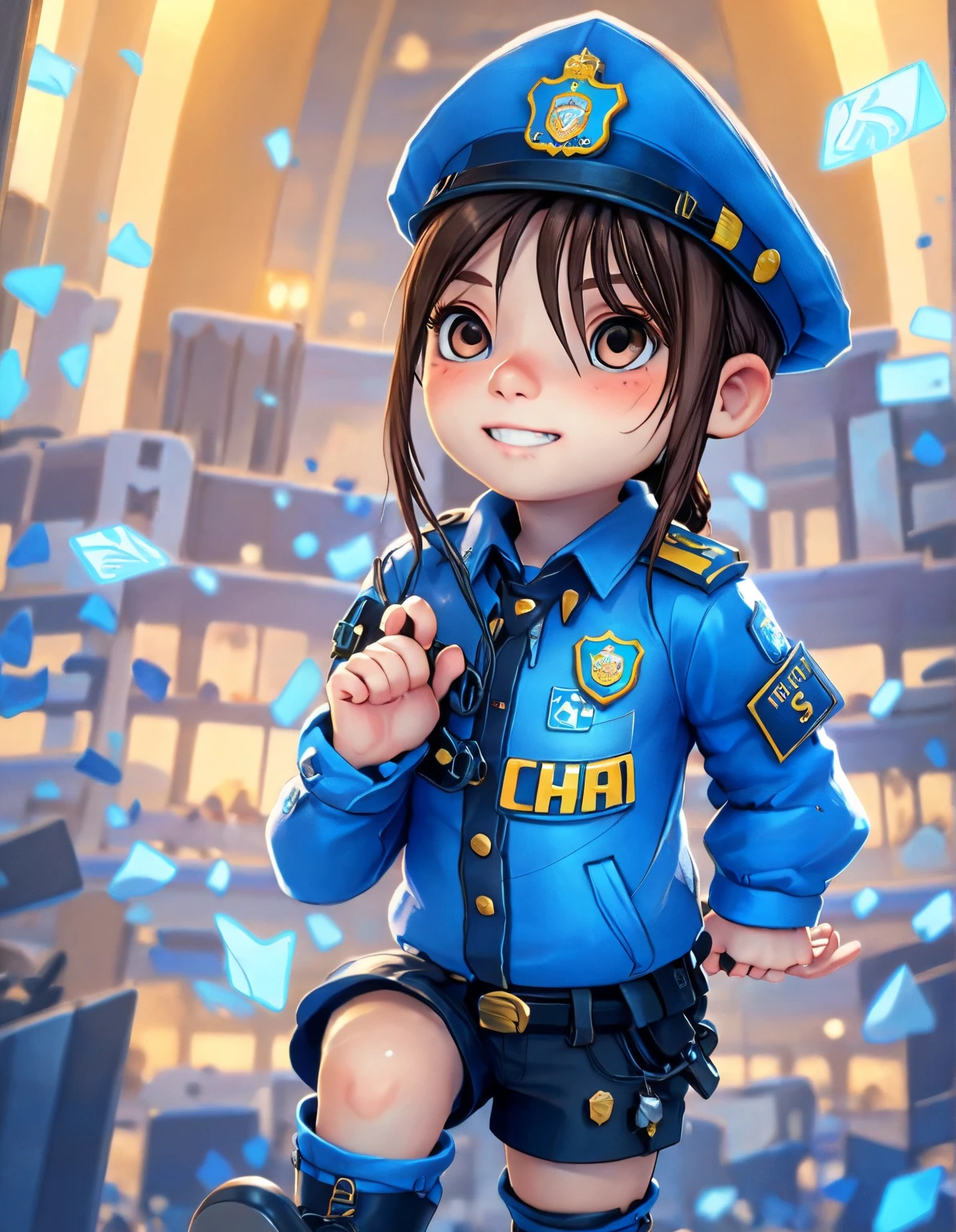 Police girl in blue clothes standing smiling with white background as a cartoon drawing of sap chat