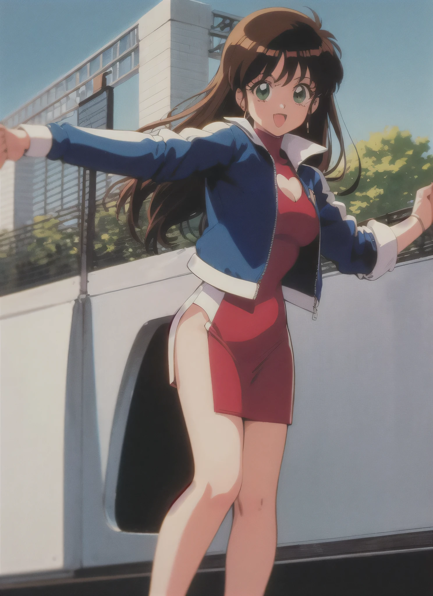best quality, insanely detailed, nino nakano, breasts, blush, looking at viewer, cheerful eyes, arousal, long sleeve leotard, highleg leotard, athletic leotard, tight leotard, pussy, full body, spread legs, masturbation, nsfw, roof top background, airwalking, pussy line