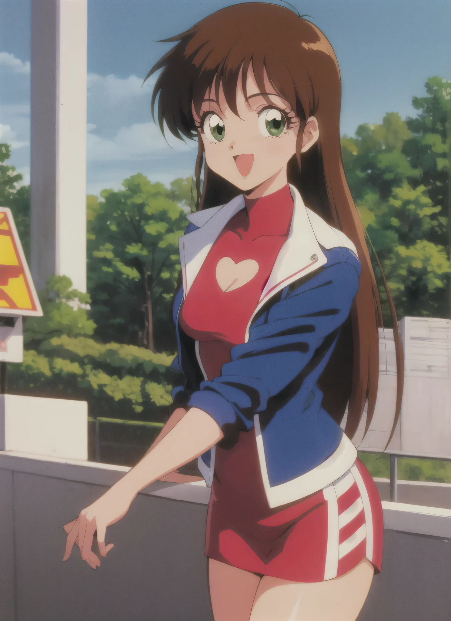 asusugodr, 1girl, solo, heart, hair ornament, green eyes, Stretch your sideburns to your chest、 mini jacket, dress, retro artstyle, open mouth, 1990s (style), looking at viewer, smile, outdoors, sky, cowboy shot, cleavage cutout, race queen