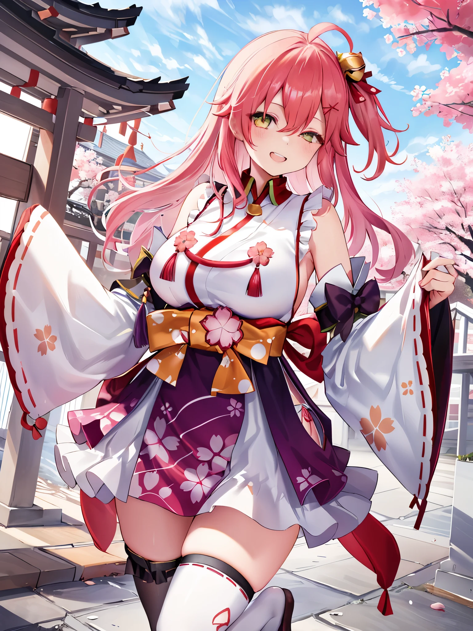 masterpiece, best quality, highres, miko1, sakura_miko, 1girl, big_boobs, solo, ahoge, x_hair_ornament, pink_hair, floral print, hairclip,(side_less_clothes:1.5), (side_boobs:1.5), hair_bell, floral print, long_hair, hair between eyes, one side up, white thighhighs, asymmetrical legwear, wide sleeves, open_mouth,(happy:1.3),gleen_eyes,big_smile,(rise_leg:1.3),plump,apart_legs,(overly_long_sleeves:1.3),),sleeves_past_wrists,hands_hidden_sleeves,sidelock_clothes,dynamic_posing,solo,hidden_wrists,(XD:1.4),covered_nipples,sunlight,cherryblossom_temple_landscape_background,