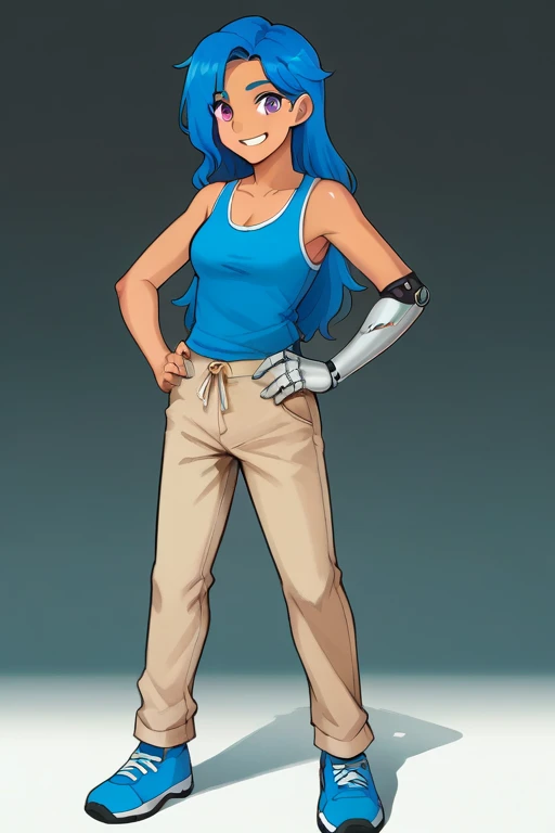 Anime, score_9, score_8_up, score_7_up,BREAK, 1girl, Tari, Blue tanktop, tan pants, Mechanical Arm, Blue Hair, Purple Eyes, smile, hands on hips, blue shoes, long hair 