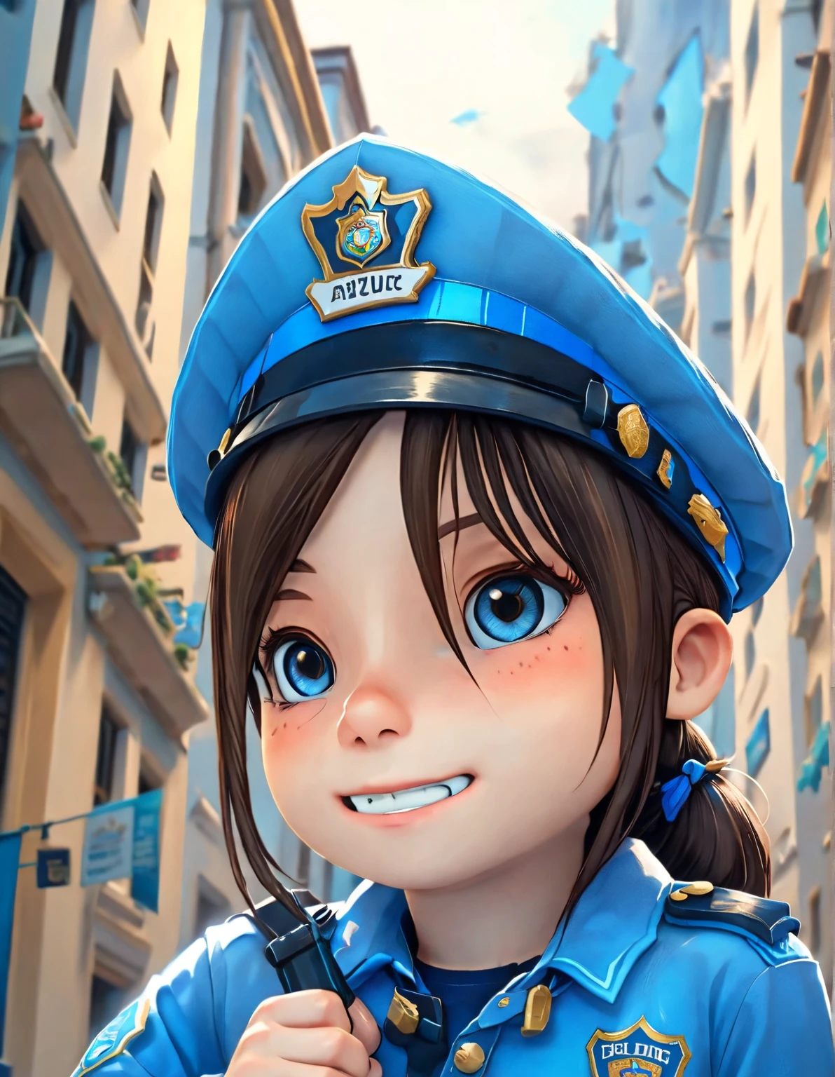 Police girl in blue clothes standing smiling with white background like a cute cartoon drawing