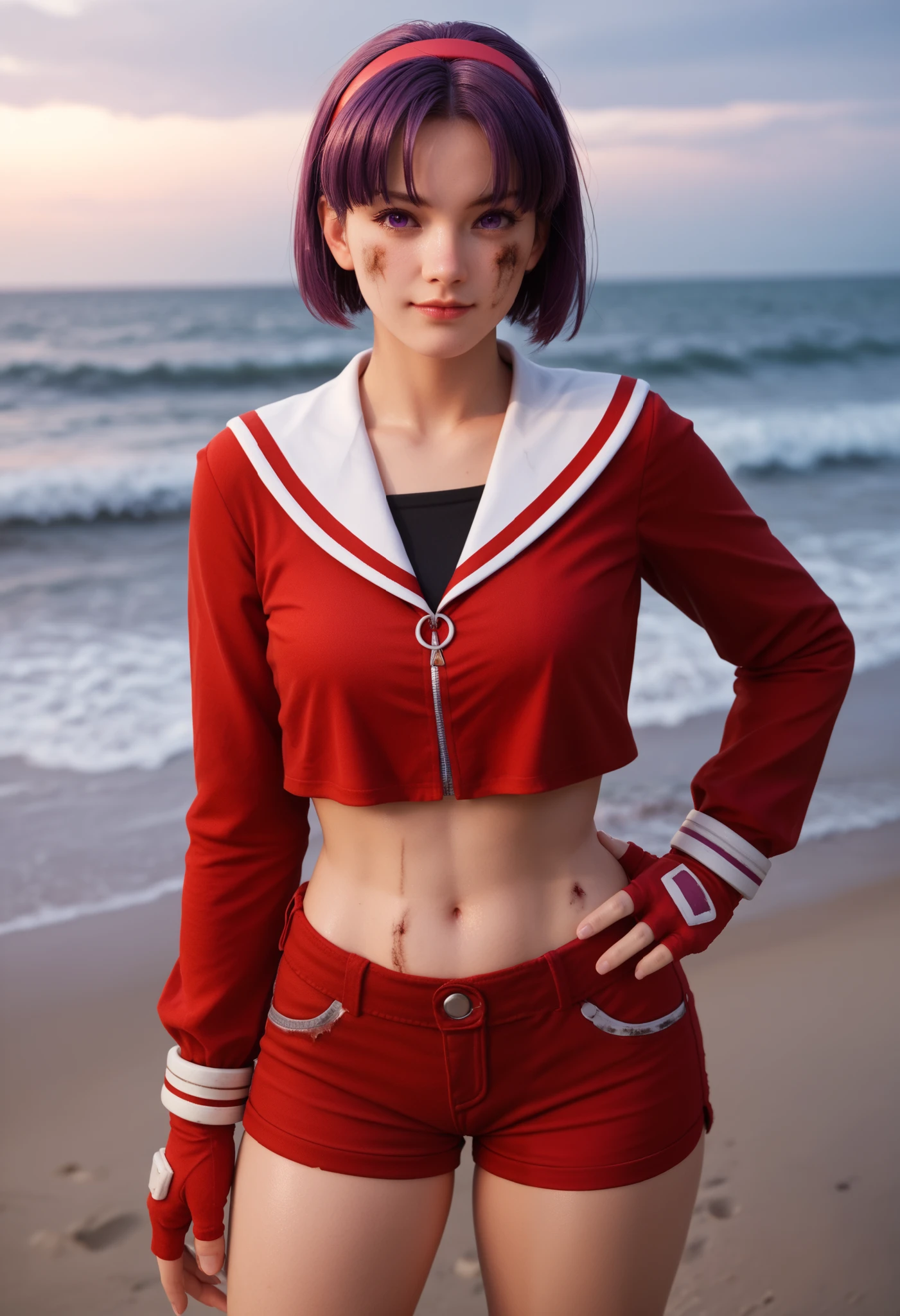 Masterpiece,best quality,AthenaKOF99, purple hair, purple eyes, red hairband, short hair, red serafuku, long sleeves, black inner shirt, midriff, shorts, fingerless gloves, blush, solo,skin tight clothes, standing on beach, seductive pose, light breeze, beach setting,shiny skin, cowboy shot, midriff, thick thighs, shiny clothes, one hand on hip,other had on hair, (light smile:0.7), closed mouth,night,torn clothes, dirty, injury