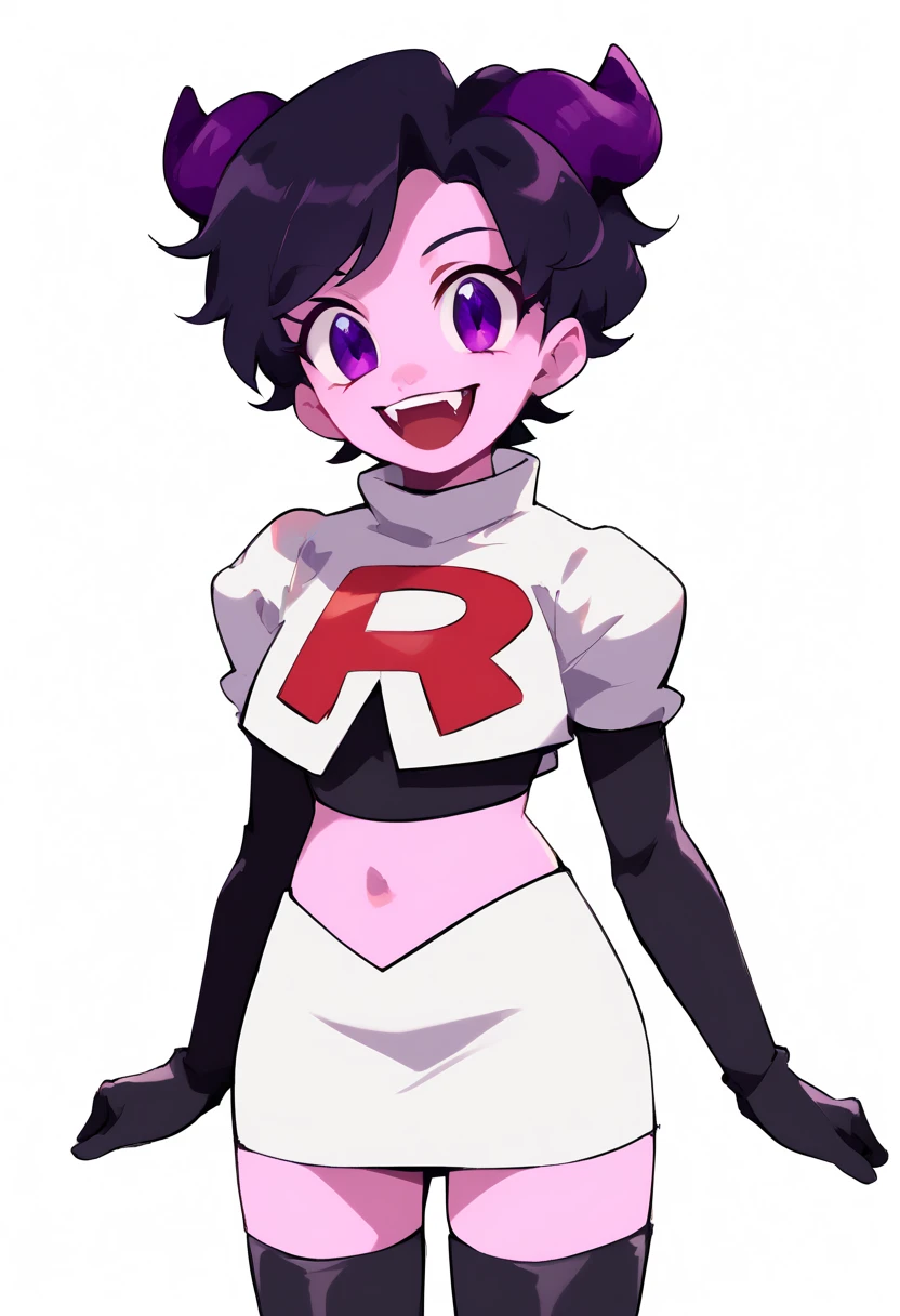 jellybean_yt, solo, looking at viewer, smile, short hair, open mouth, black hair, 1girl, white background, purple eyes, female focus, horns, teeth, colored skin, fangs, team rocket,team rocket uniform,white skirt,red letter R,crop top,black thigh-highs,black elbow gloves, source