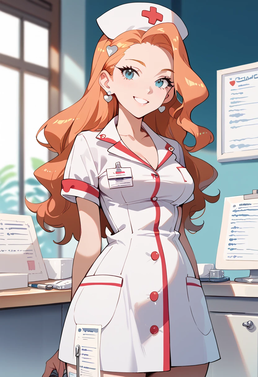 masterpiece, high definition , top quality,8k
(Sonya,orange Hair, blue Eyes )
(Nurse uniform)
smile