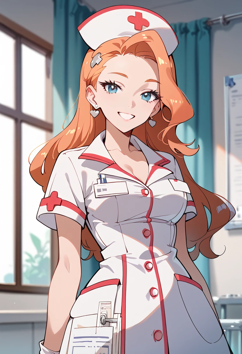 masterpiece, high definition , top quality,8k
(Sonya,orange Hair, blue Eyes )
(Nurse uniform)
smile