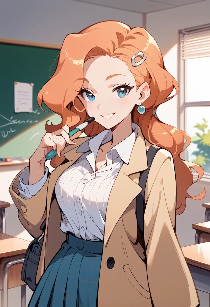 masterpiece, high definition , top quality,8k
(Sonya,orange Hair, blue Eyes )
(Teacher Costume)
smile