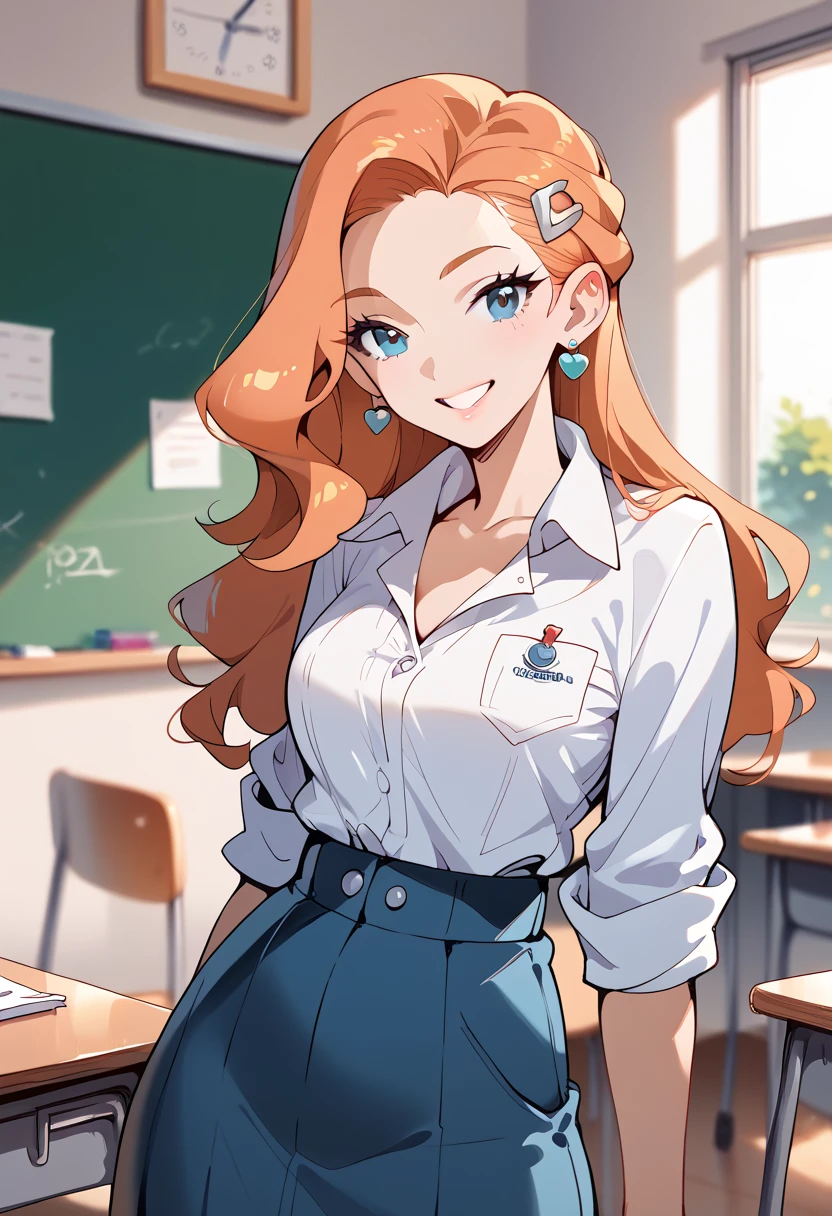 masterpiece, high definition , top quality,8k
(Sonya,orange Hair, blue Eyes )
(Teacher Costume)
smile