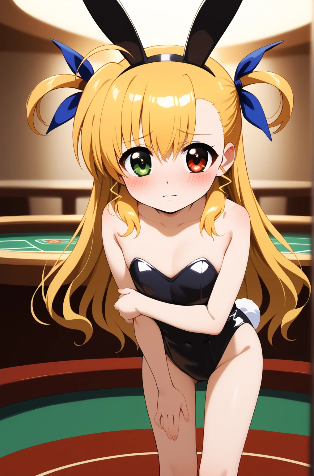 masterpiece,best quality,{{detailed beautiful face and eyes}},
Vivio,{{{megami magazine}}},long hair,blonde hair,ahoge,two side up,hair ribbon,heterochromia,grenn eyes,red eyes,flat chest,
((bunny girl,black rabbit ears,black leotard)),cleavage,
1loli,(is embarrassing,big blush,closed mouth,steam:1.0),
((leaning forward,breast hold:1.2)),
(casino:1.0),clothed