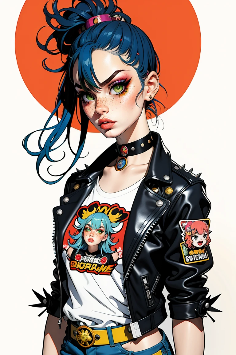 partial coloring, Line style, (masterpiece, best quality:1.2), Fairy Kei fashion Hikari Shimoda takato yamamoto kawaii ross tran, victo ngai, artgerm masamune shirow style This compelling portrait captures a Myla Dalbesio woman adorned in punk fashion, her vibrant blue hair starkly contrasting with the blurred city background. Her gaze, joyful and smiling, is framed by dramatic black makeup that complements the myriad of tattoos visible on her arms. Decked out in a studded leather jacket and accessories, she embodies the rebellious spirit of the punk subculture. The cute Takashi Murakami anime mascot sticker urban environment adds a gritty texture to the composition, highlighting her bold aesthetic and attitude.