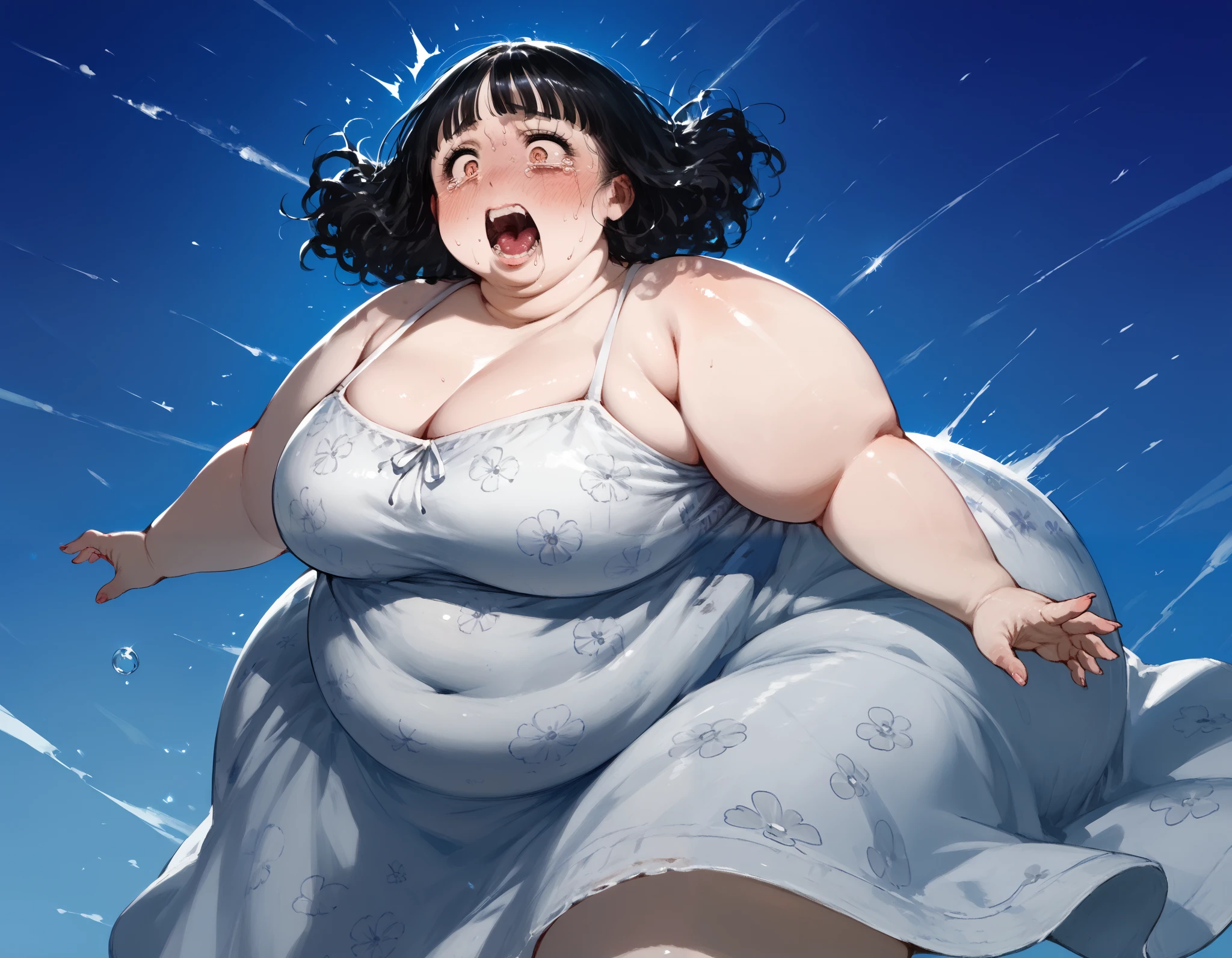 score_9, Score_8_up, Score_7,detailed, manga art, hirune style, fat girl, double chin, fat face, 1girl, italian woman, curly thick hair, black hair, bright eyes , vintage 1990s floral sundress, (scared), (extremely large lower lip), short dress, close up, (backround is a greek town), ((night time)) (creepy liminal space background) ,nude dress, (action shot), ((vivid and bright colors)) artstyle by Hirune