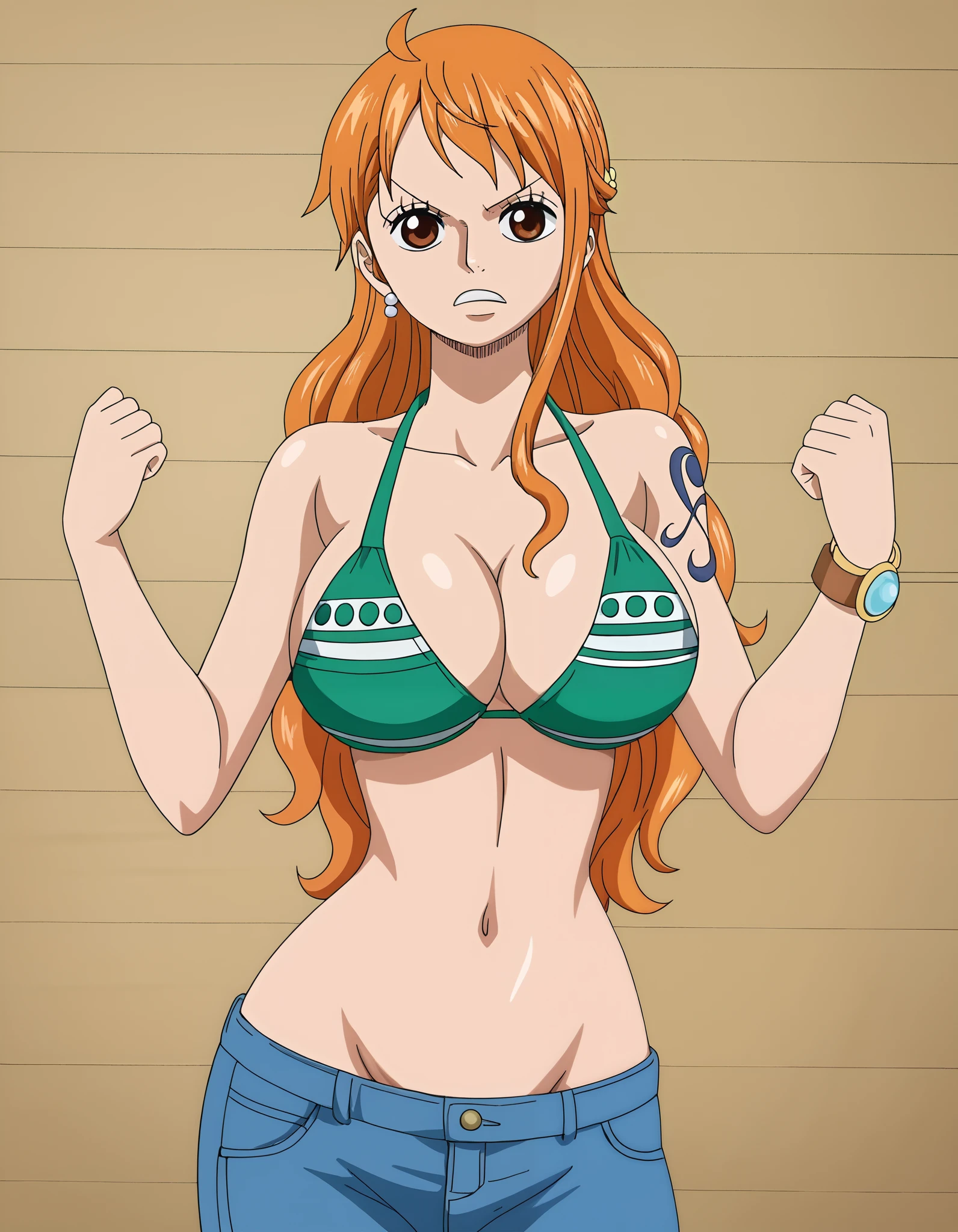 score_9_up, best quality, solo, source_anime, 1girls, Nami, green bikini, sexy, (bigger than medium breasts), navel, (jeans), leaning on ringside), closed fists, strangle, (super thick arms:1.4), (raised fist:1.7)