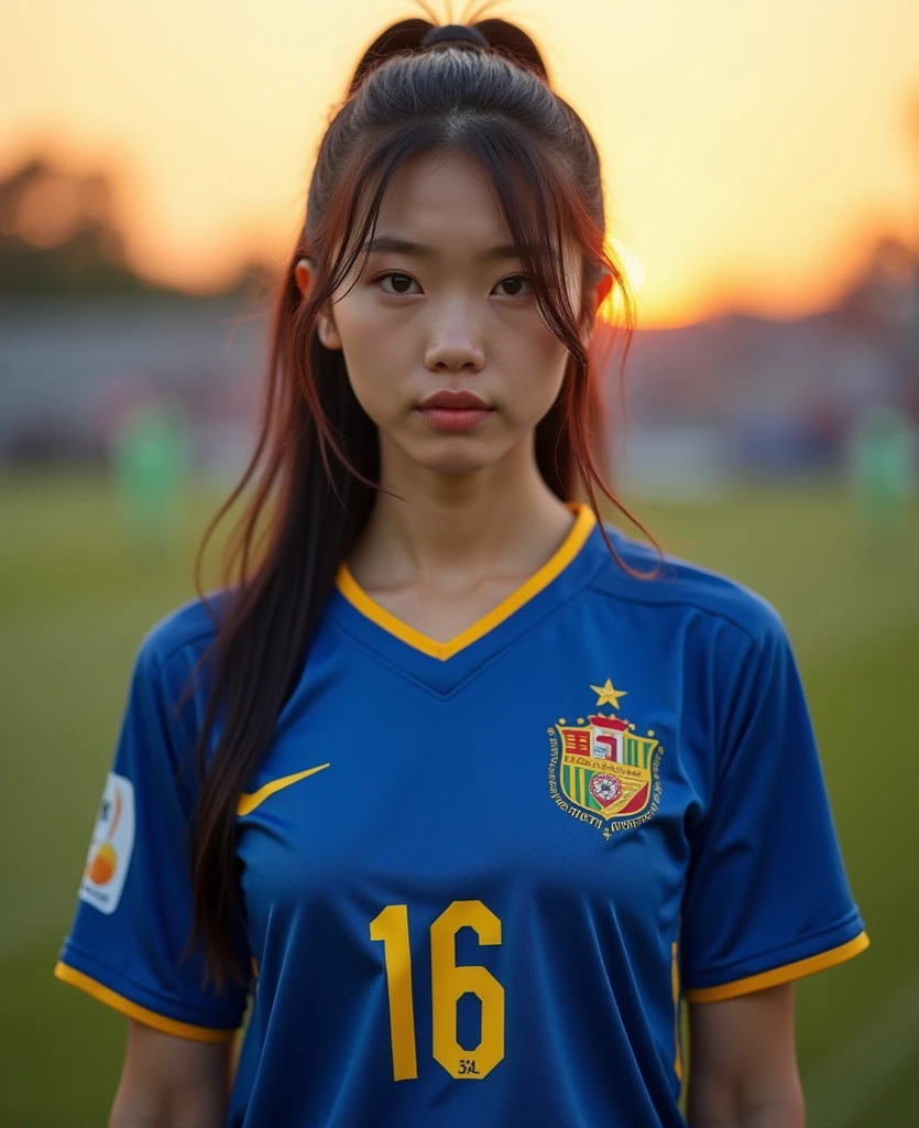 transparent eyes、duck mouth、bun hair、a concentrated face、Naughty、beautiful soccer player、whole body、wet uniform、sunrise