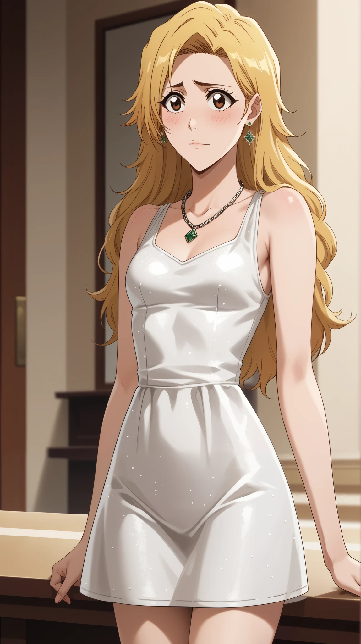   1 girl   ,  young girl  , solo, anime pastor  "bleach".
Appearance:  brown eye  ,  long straight light yellow hair , ( long hair lies on shoulders , neck ), blush, blushed,  shy smile ,  closed mouth  ,  blond hair  , (( thin waist,  translucent short club dress with sparkling sequins)),  silver sequins , ((necklace with emeralds, emerald earrings )) glitter , glitter, (( tight dress , side incision to the thigh,  slender legs )), Sensual Makeover. (((background: evening, dark, soft warm light , backgroundари)). 