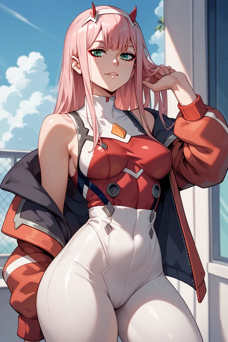 Zero Two \(Darling in the Franxx\), Darling in the Franxx, One girl, bangs, bite, blush, Covered navel, eye shadow, Green Eyes, Hair on the back of the head, Hands on hips, horn, smile, Long Hair, View your viewers, compensate, Medium chest, Pilot Suit, Red suit, Pink Hair, red eye shadow, sf, Fits perfectly to the skin, alone