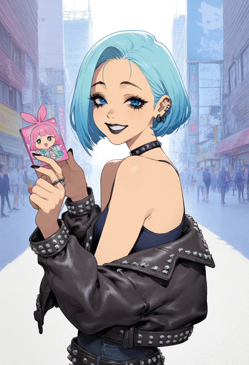 amazing quality, newest, absurdres, realistic, white background, pastel colours, hatching \(texture\),   Fairy Kei fashion Hikari Shimoda takato yamamoto kawaii ross tran, victo ngai, artgerm masamune shirow style This compelling portrait captures a Myla Dalbesio woman adorned in punk fashion, her vibrant blue hair starkly contrasting with the blurred city background. Her gaze, joyful and smiling, is framed by dramatic black makeup that complements the myriad of tattoos visible on her arms. Decked out in a studded leather jacket and accessories, she embodies the rebellious spirit of the punk subculture. The cute Takashi Murakami anime mascot sticker urban environment adds a gritty texture to the composition, highlighting her bold aesthetic and attitude.

