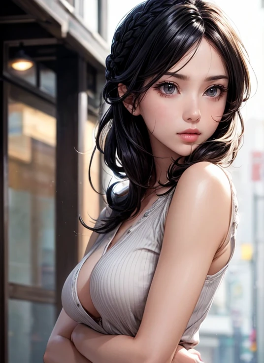 Girl in casual dress, medium breasts, cleavage, Cityscape, flirtatious look, ((Very detailed)), (Perfectly detailed face), (Well detailed hands) Photorealistic images.