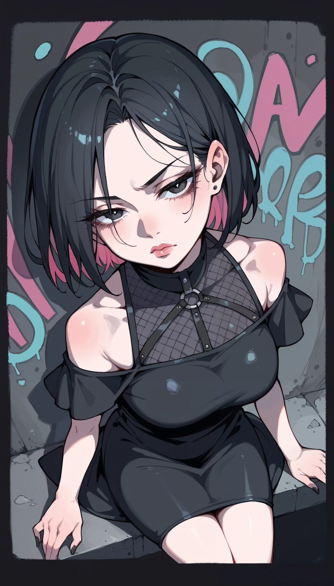 1girl, FengMin, solo, skinny, black eyes, asian eyes, eyeliner, looking at viewer, lips, black bob cut, blunt bangs, blush, , sitting on the motocicle, dinamic poses, whole body, face focus, outdoors, horror \(theme\), night, fog egirlmakeup,