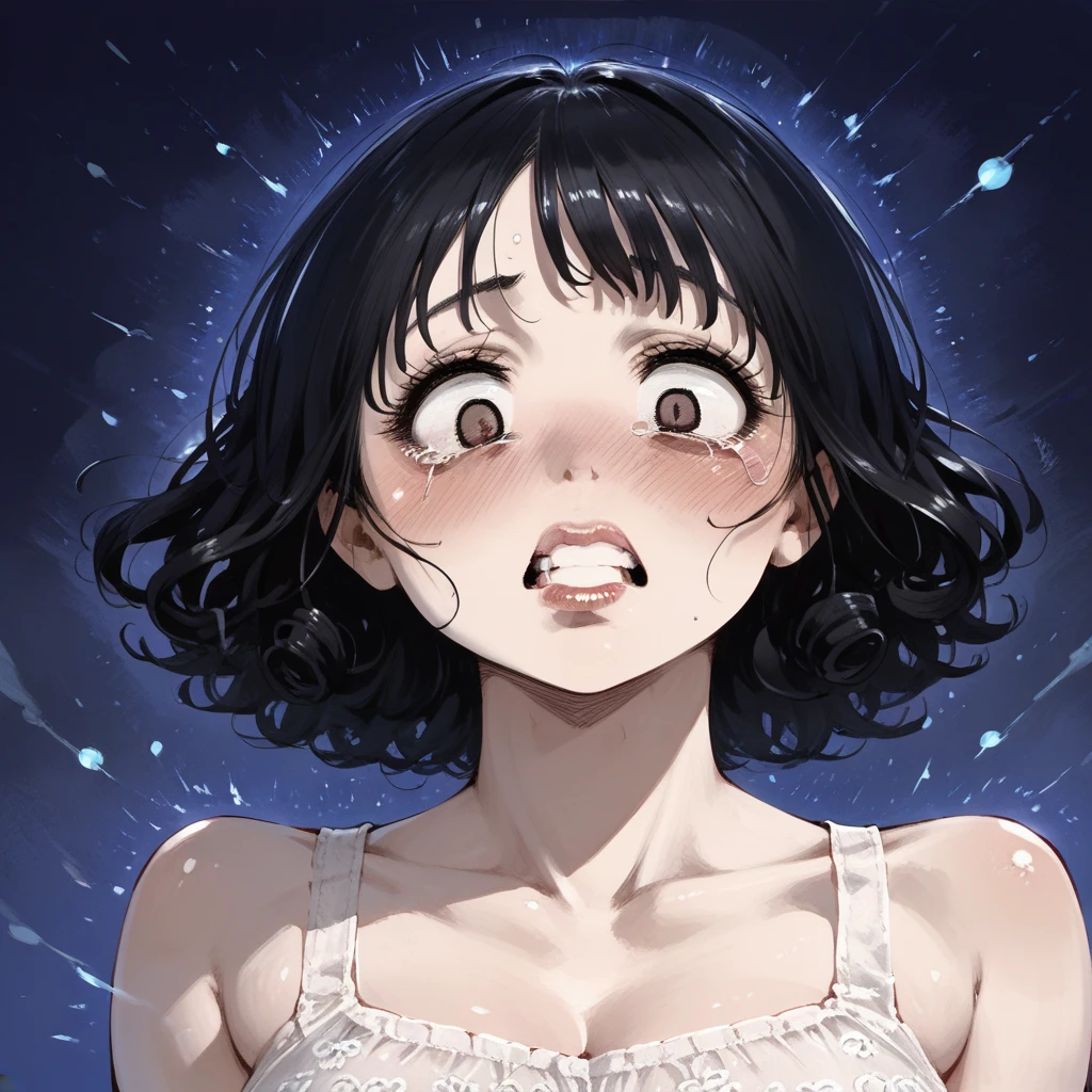 score_9, Score_8_up, Score_7,detailed, manga art, hirune style, 1girl, round_body, double chin, fat face, 1girl, italian woman, curly thick hair, black hair, bright eyes , tight and undersized vintage 1990s floral sundress, (scared), (extremely large lower lip), short dress, close up, (backround is a greek town), ((night time)) (creepy liminal space background) ,nude dress, (), ((vivid and bright colors)) artstyle by Hirune