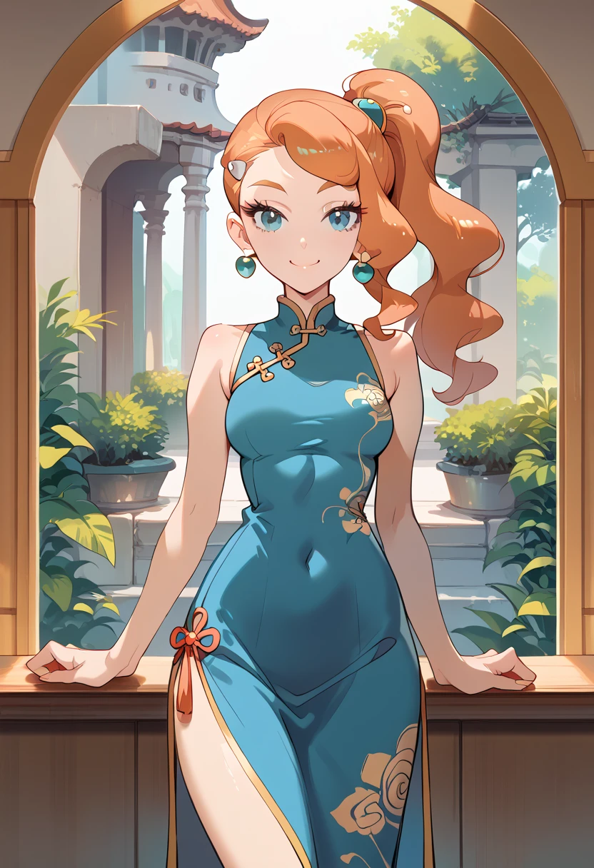 masterpiece, high definition , top quality,8k
(Sonya,orange Hair, blue Eyes )
(cheongsam dress)
smile