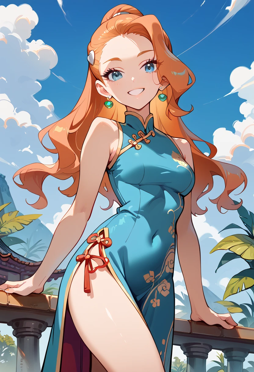 masterpiece, high definition , top quality,8k
(Sonya,orange Hair, blue Eyes )
(cheongsam dress)
smile