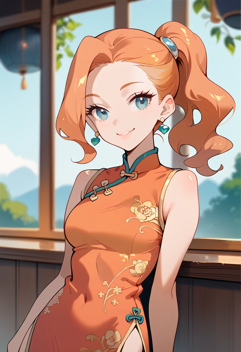 masterpiece, high definition , top quality,8k
(Sonya,orange Hair, blue Eyes )
(cheongsam dress)
smile