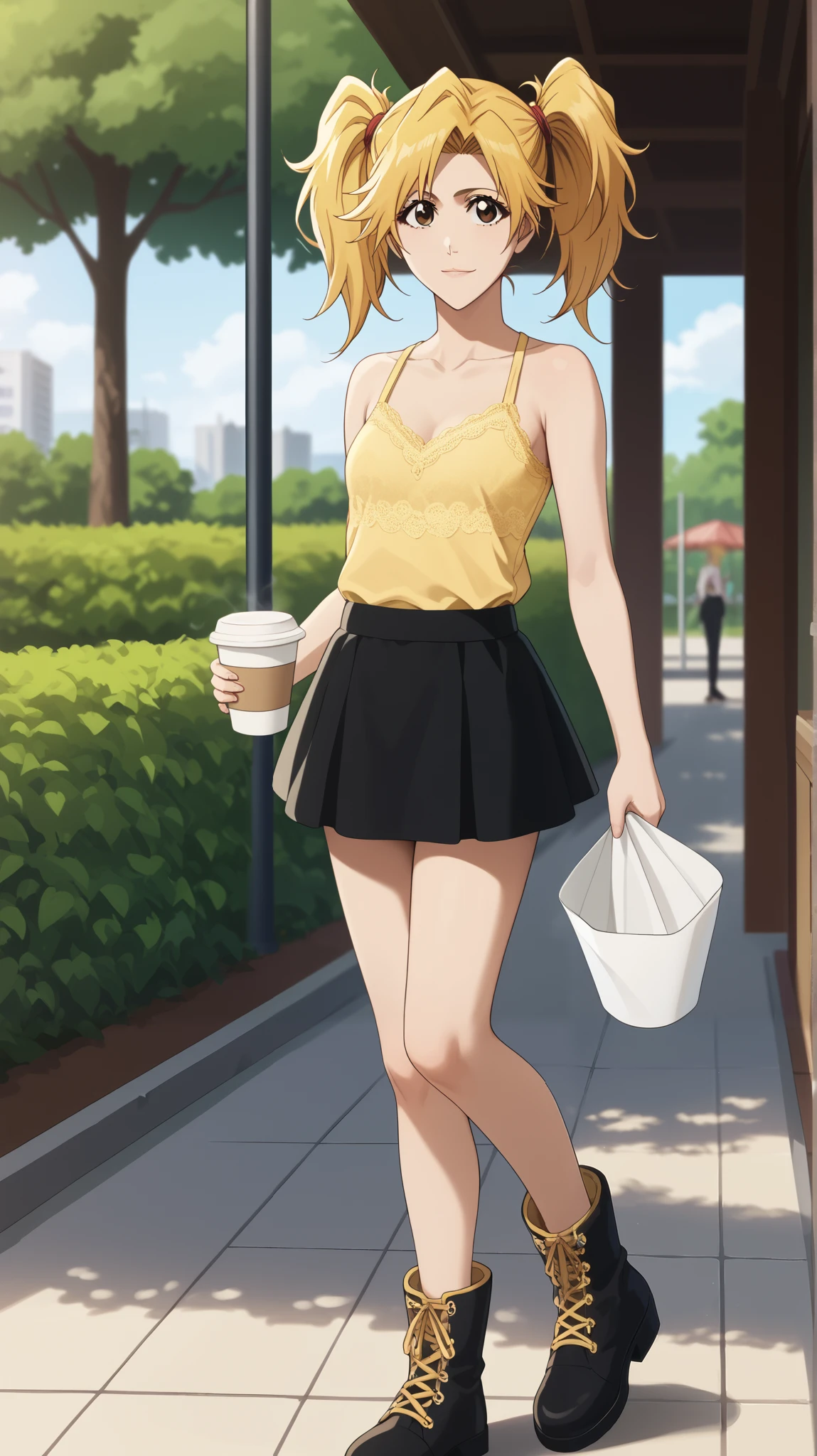   1 girl of fifteen years old  ,  young girl  , solo, anime pastor  "bleach".
Appearance:  brown eye  ,  long straight light yellow hair  , (  a hairstyle in the form of two high ponytails made of blond hair on her head) , smile,  closed mouth  ,  blond hair  , (( yellow lace top , black mini skirt ,  summer ankle boots )), background: Park, trees, evening, backgroundари.  The girl is holding a paper cup of coffee , Steam comes from the glass ,  steam from breathing , twilight, evening, backgroundари