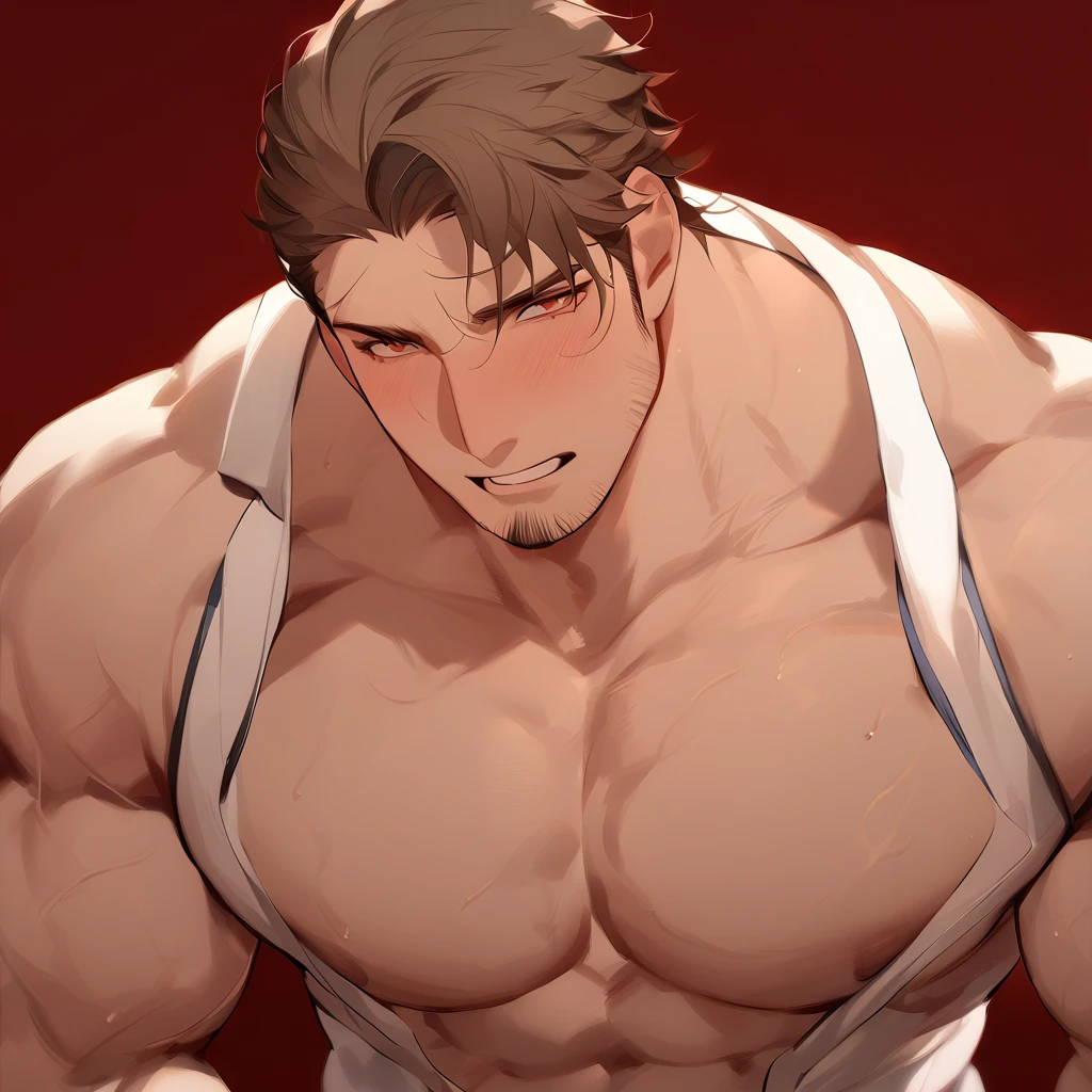 masterpiece, best quality, rei_style, red background, male focus, muscular male, brown hair, looking at viewer, stubble, delicate,masterpiece, , muscular male, bulky, thick arms, stubble, mullet, handsome, sexy, detailed, finely detailed,