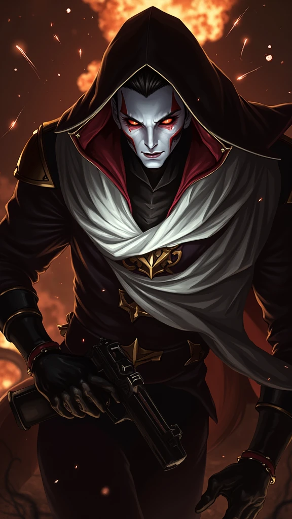 Jhin's character design, shooting, Screams, Explosions in background, gun in holster, Arcane style, highly detailed CG unity 8k wallpaper, detailed lighting, Cinematic lighting, chromatic aberration, sparkly, expressionless, epic composition, dark in background, Character Design, Highly detailed, Detailed body, Creatures, Detailed Face, sharp focus, anime art, Creatures, Detailed Face, Hugh Details, sharp focus, Very droopy face, A detailed eye, super fine illustration, better shadow, fine detail, Beautifully detailed shine, Beautifully detailed, Highly detailed, expressionless, epic composition, presented on artstation, Octane Render, artstation hd, Cinematic, 4k., hypermaximalist, elegant,