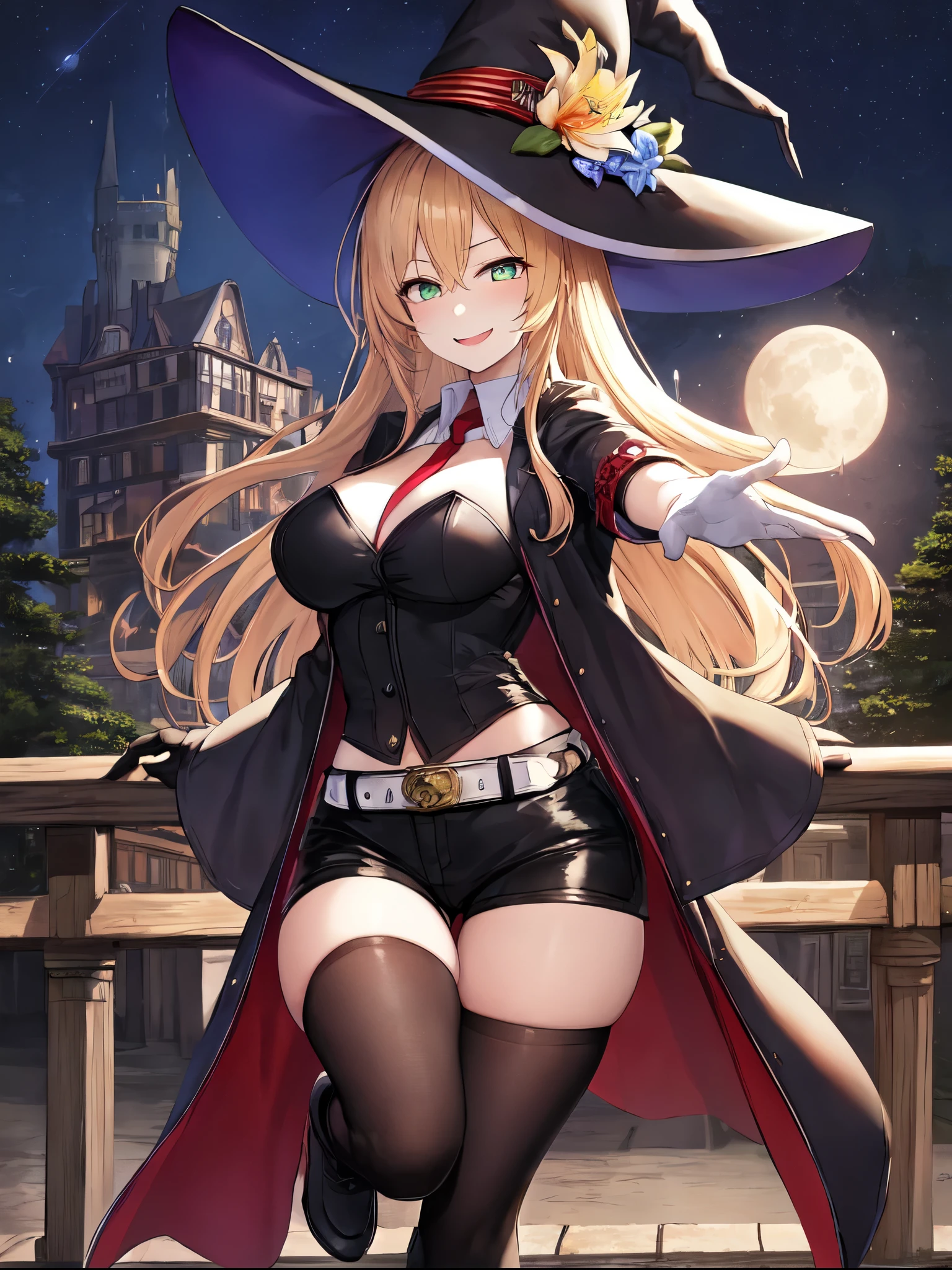 best quality, integrated scenery, integrated background, extremely delicate and beautiful, meticulous details, good composition, , cute face, perfect face, perfect hands,masterpiece, best quality, witch hat, black gloves, thighhighs, looking at viewer, smile, night, trees, black_cats, crows, moon ,large_breasts,dark_night_town_landscape cutout, smile ,light_open_mouth, old_town,happy,1young__girl,full_of_beans,blond_hair,very_long_bangs, asymmetrical_bangs ,glower,rise_knee,short_shorts,short_boots,happy, Hooray_posing,rise_arms,large_flower_ornaments,red_tie,front_closed_black_military_formal_jacket,large_loose_belts,chest_pockets, Sagging_eyes,lily,dark_green_eyes, glitter_magic_effect,solo,1magic_wand, grip_magic_wand
