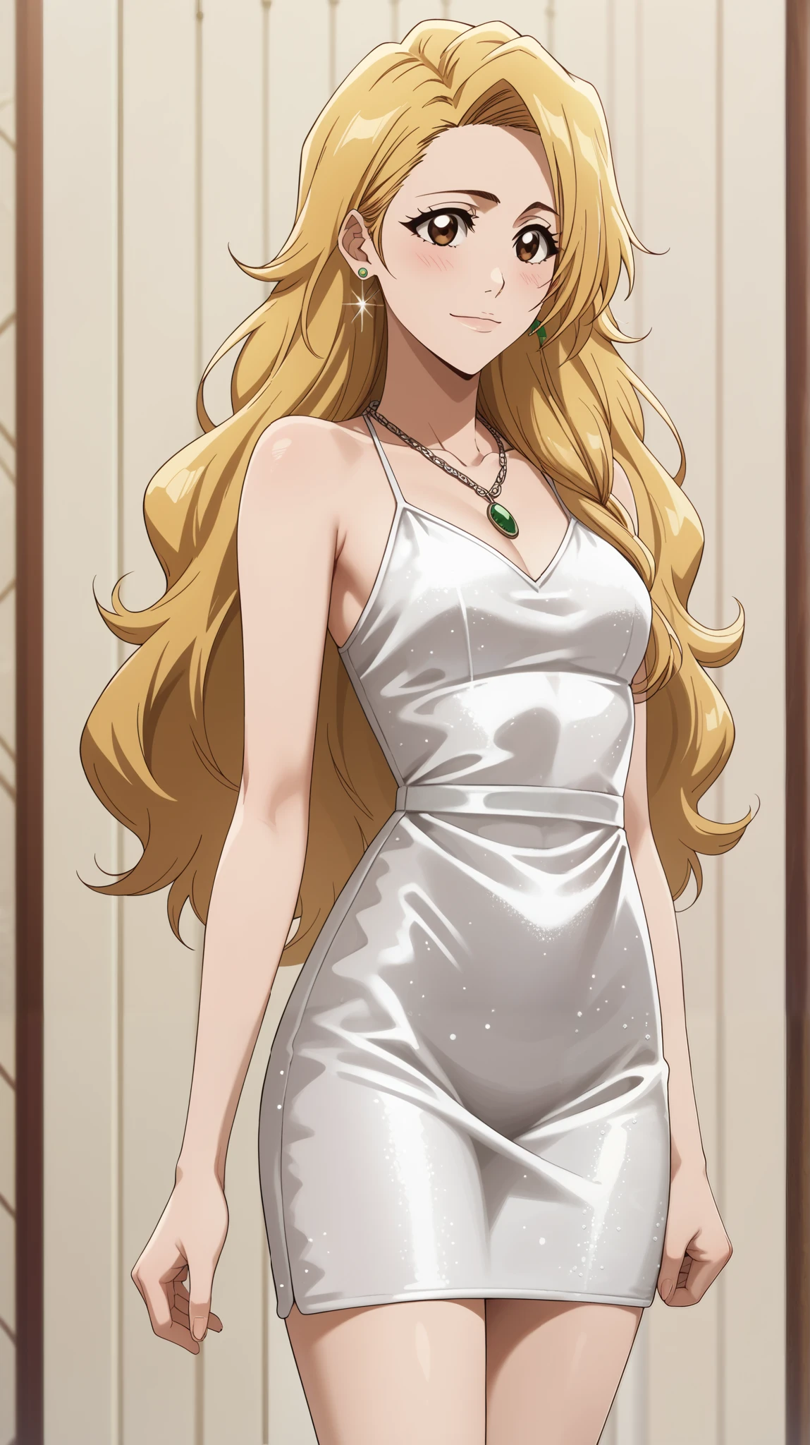   1 girl   ,  young girl  , solo, anime pastor  "bleach".
Appearance:  brown eye  ,  long straight light yellow hair , ( long hair lies on shoulders , neck ), eyes glow with happiness , blush,  sweet happy smile,  closed mouth ,  blond hair , (( thin waist,  translucent short club dress with sparkling sequins)),  silver sequins , ((necklace with emeralds, emerald earrings )) glitter , glitter, (( tight dress , side incision to the thigh,  slender legs )), Sensual Makeover. (((background: evening, dark, soft warm light , backgroundари)). 