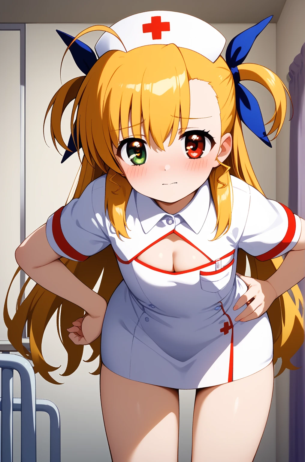 masterpiece,best quality,{{detailed beautiful face and eyes}},
Vivio,{{{megami magazine}}},long hair,blonde hair,ahoge,two side up,hair ribbon,heterochromia,grenn eyes,red eyes,flat chest,
((nurse,cleavage cutout,nurse cap,breast pocket,collared dress,short dress,short sleeves,thighs,white dress,white headwear)),
1loli,(is embarrassing,big blush,closed mouth:1.0),
((leaning forward,hand on hip:1.2)),
(hospital room:1.0),clothed