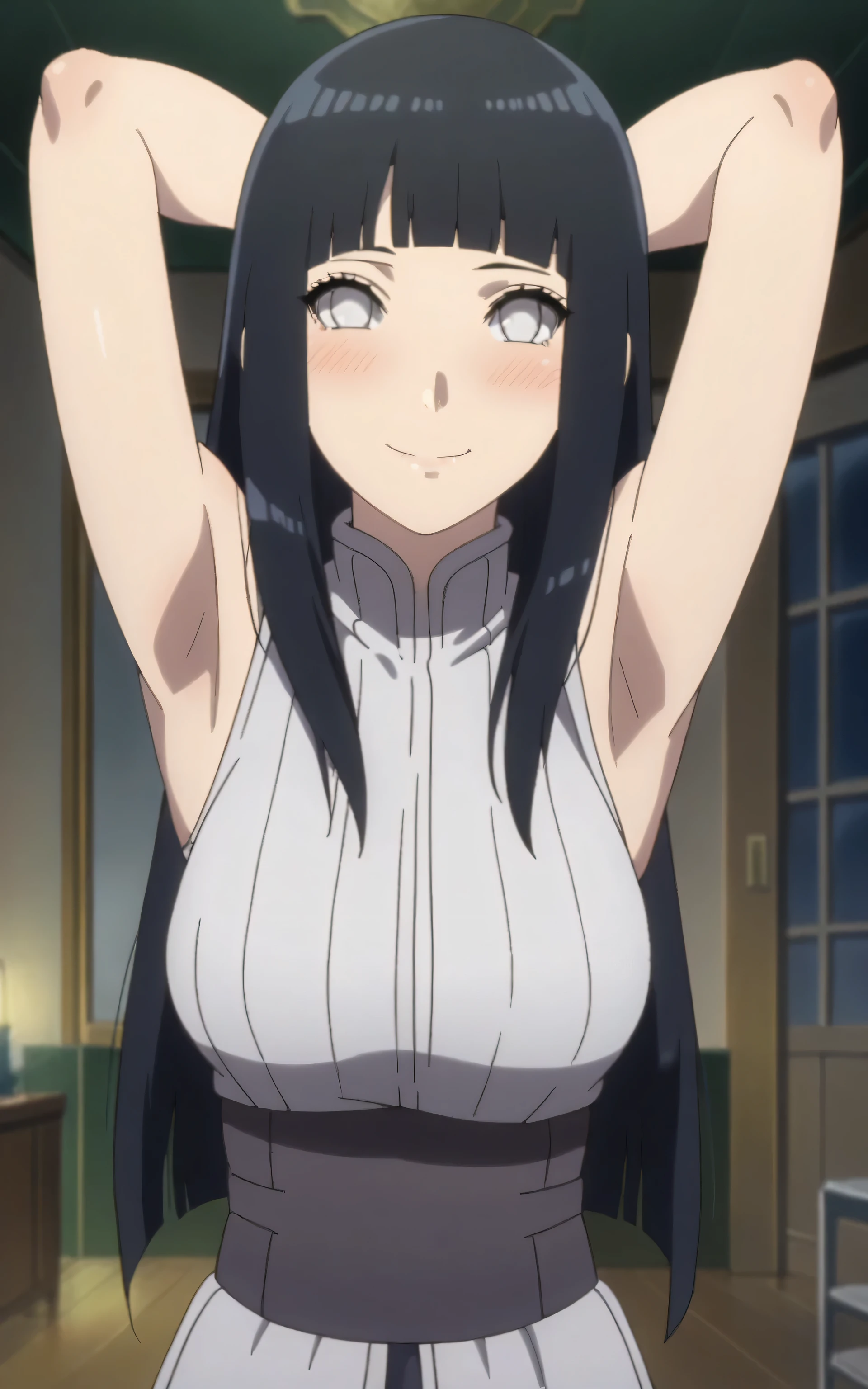 score_9, score_8_up, score_7_up, source_anime, anime screencap, 1girl, solo, ChopioHyugaHinata, long hair, black hair, straight hair, shiny hair, blunt bangs, white eyes, no pupils, mature female, medium breasts, outfit_1, white shirt, ribbed shirt, sleeveless, waistband, arms behind head, armpits, looking at viewer, head towards viewer, smile, closed mouth, badhandv4, indoors, night, bare shoulders, bare arms, blush 