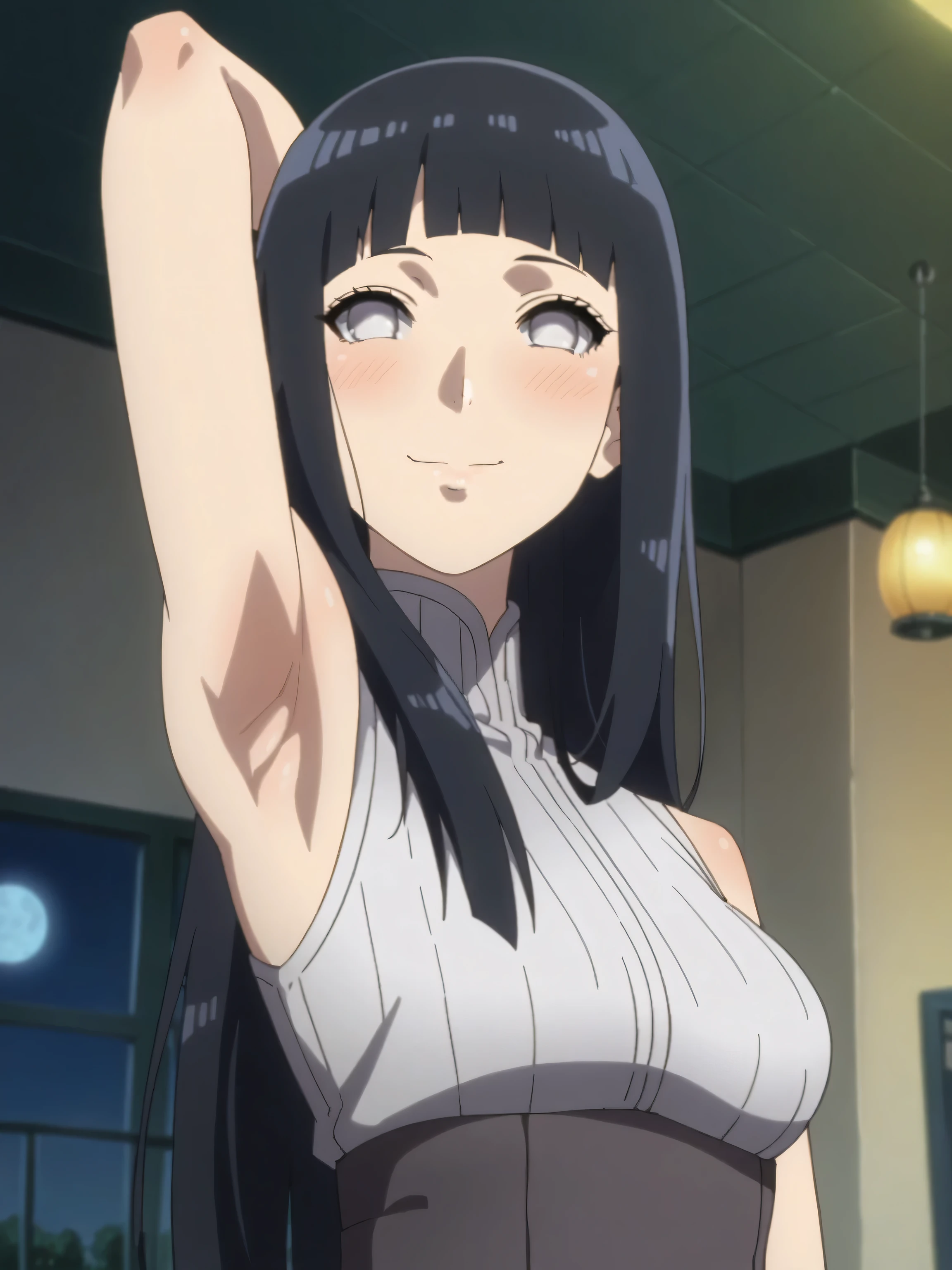 score_9, score_8_up, score_7_up, source_anime, anime screencap, 1girl, solo, ChopioHyugaHinata, long hair, black hair, straight hair, shiny hair, blunt bangs, white eyes, no pupils, mature female, medium breasts, outfit_1, white shirt, ribbed shirt, sleeveless, waistband, arms behind head, armpits, looking at viewer, head towards viewer, smile, closed mouth, badhandv4, indoors, night, bare shoulders, bare arms, blush 