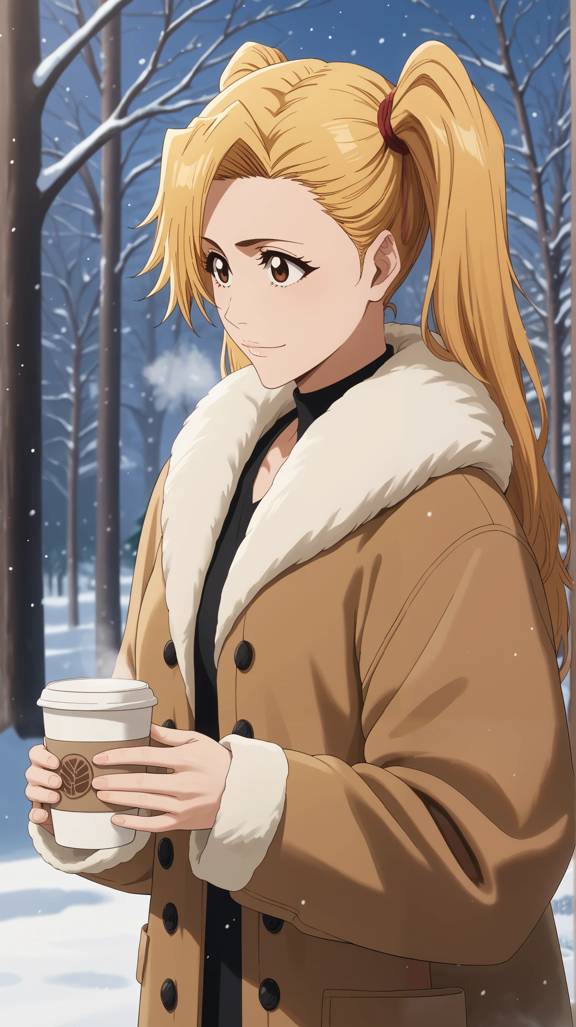   1 girl of fifteen years old  ,  young girl  , solo, anime pastor  "bleach".
Appearance:  brown eye  ,  long straight light yellow hair  , (  hairstyle in the form of two high ponytails made of blond hair on her head) , smile,  closed mouth  ,  Blonde Hair  , ((  warm fur jacket  )), background: winter park, trees,  covered with snow  , snowfall .  The girl is holding a paper cup of coffee , Steam comes from the glass ,  steam from breathing , twilight, evening, backgroundари