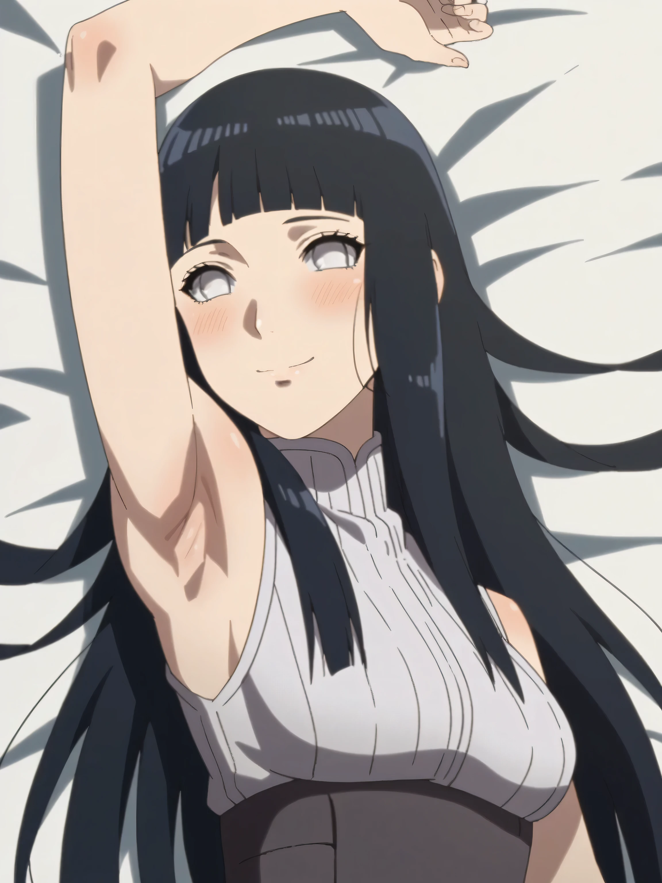 score_9, score_8_up, score_7_up, source_anime, anime screencap, 1girl, solo, ChopioHyugaHinata, long hair, black hair, straight hair, shiny hair, blunt bangs, white eyes, no pupils, mature female, medium breasts, outfit_1, white shirt, ribbed shirt, sleeveless, waistband, arms behind head, armpits, looking at viewer, head towards viewer, smile, closed mouth, badhandv4, indoors, night, bare shoulders, bare arms, blush 