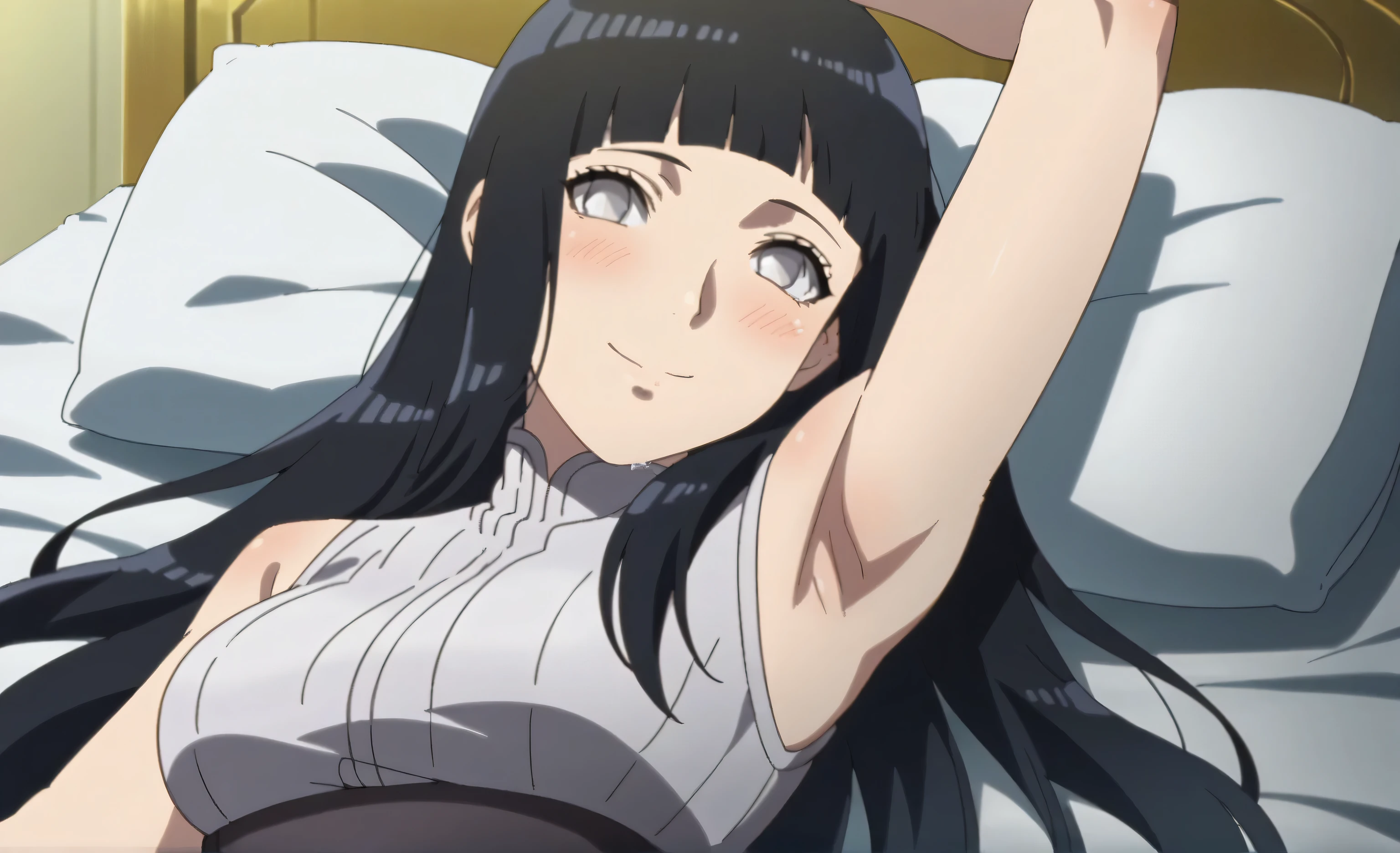 score_9, score_8_up, score_7_up, source_anime, anime screencap, 1girl, solo, ChopioHyugaHinata, long hair, black hair, straight hair, shiny hair, blunt bangs, white eyes, no pupils, mature female, medium breasts, outfit_1, white shirt, ribbed shirt, sleeveless, waistband, arms behind head, armpits, looking at viewer, head towards viewer, smile, closed mouth, badhandv4, indoors, night, bare shoulders, bare arms, blush 