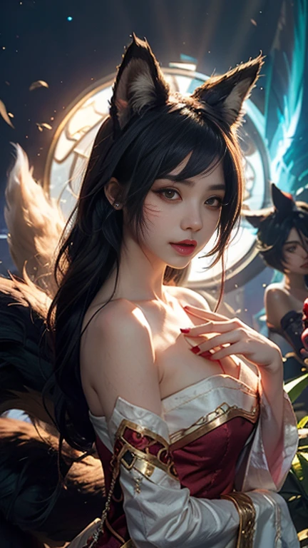 1girl，Costume with cat ears and cat tail, ahri, by Yang J, trending on cgstation, portrait of ahri, ahri from league of legend, Ruan Jia and Artgerm, Artgerm and Ruan Jia, Guviz-style artwork, Guviz, full-body xianxia