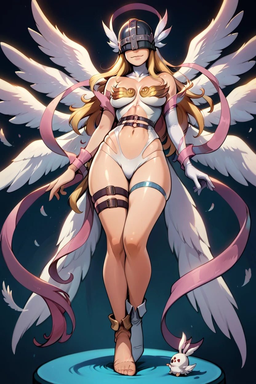 masterpiece, best quality, 32k, high resolution, absurdres, medium breasts, (curvy), cute, eyelashes, vivid colors, BREAK  ,,, zzAngewomon, blonde hair, covered eyes, helmet, long hair, angel wings, bare shoulders, elbow gloves, feathered wings, gloves, head wings, navel, pink ribbon, ribbon, single elbow glove, single glove, thigh strap, smile, full body,feet,reiq art style,straight shota,young boy,short brown haired boy,boy